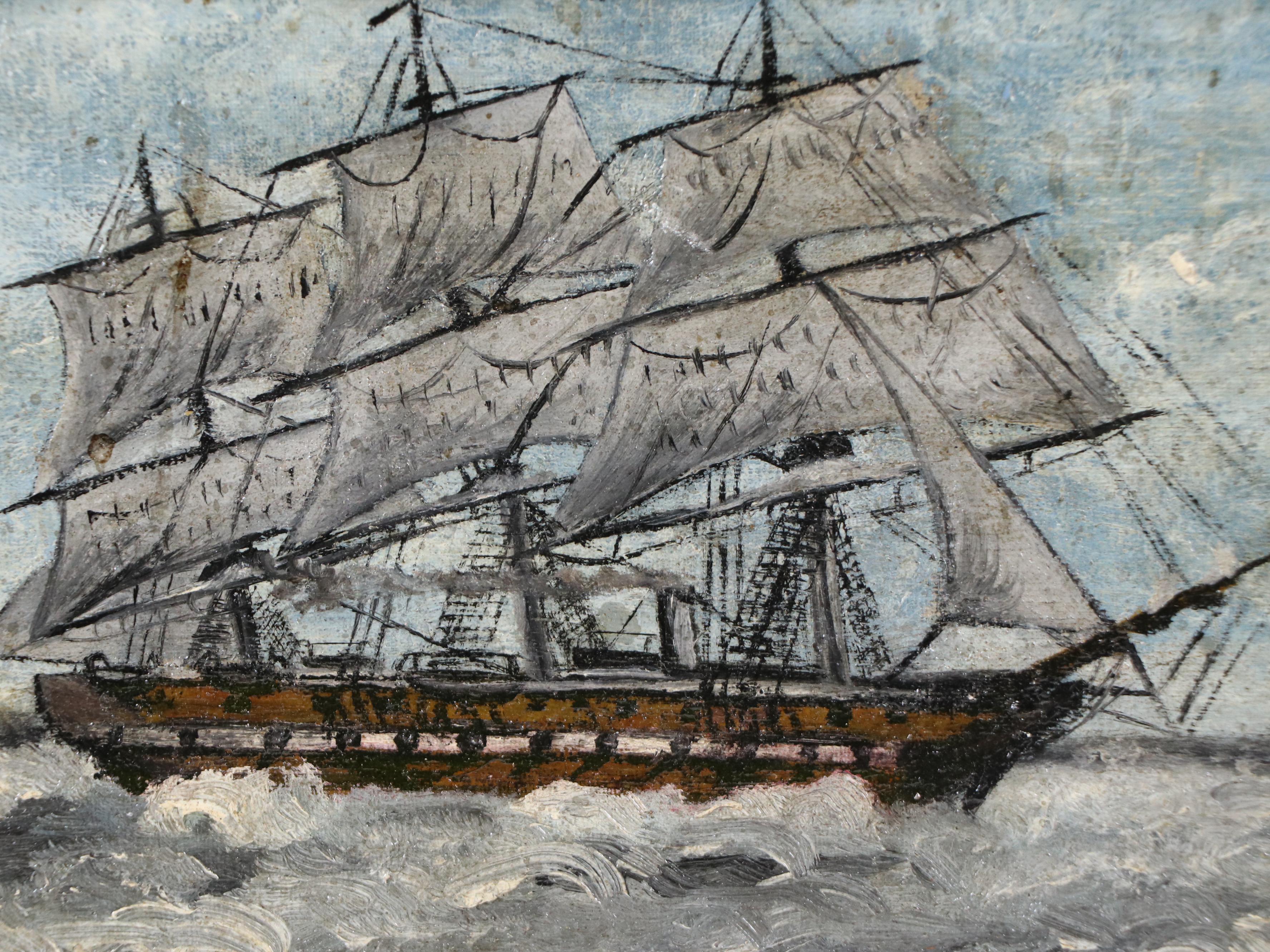 Self-Taught Artist Oil Painting of Clipper Ship, Late 19th or Early 20th Century