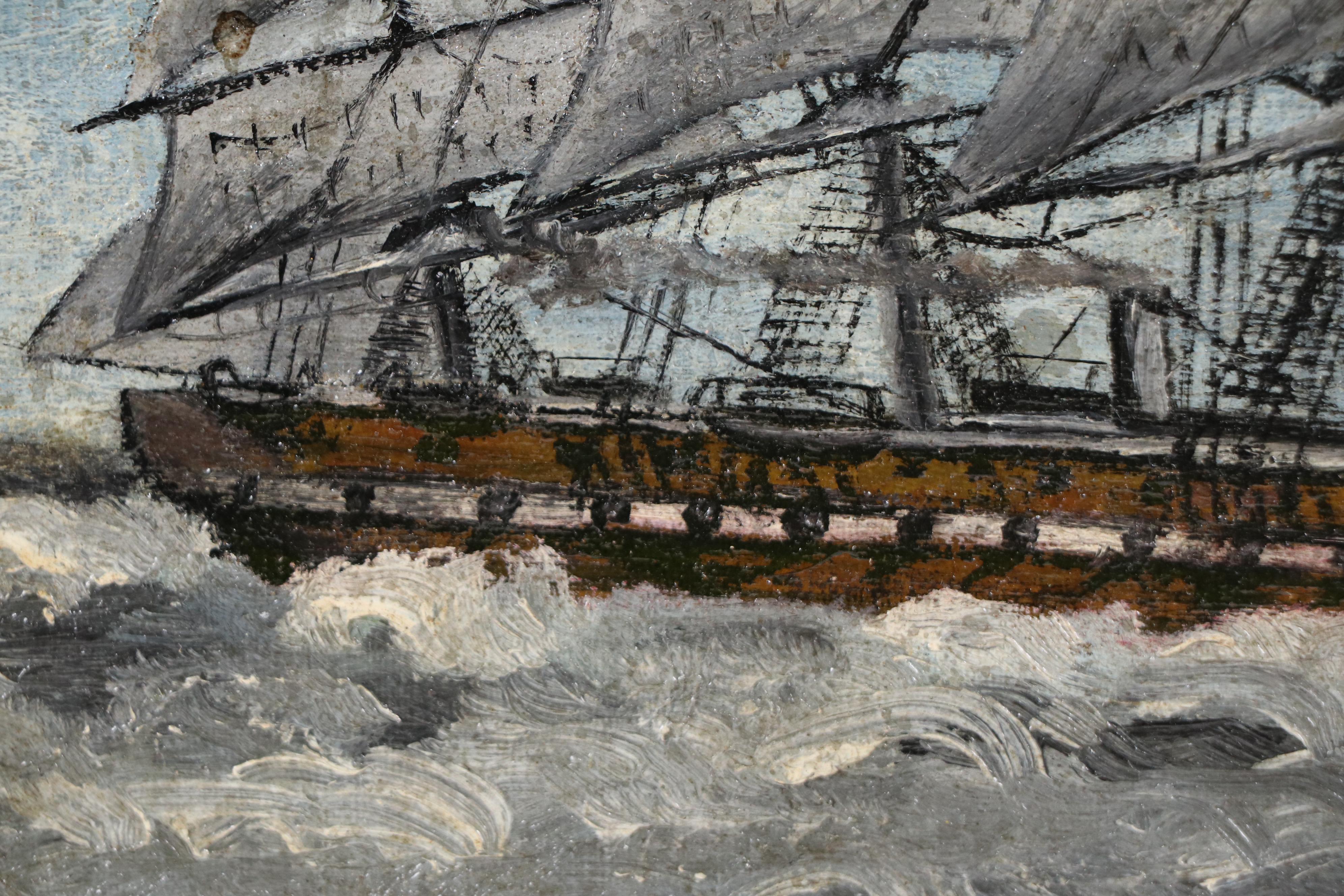 Self-Taught Artist Oil Painting of Clipper Ship, Late 19th or Early 20th Century