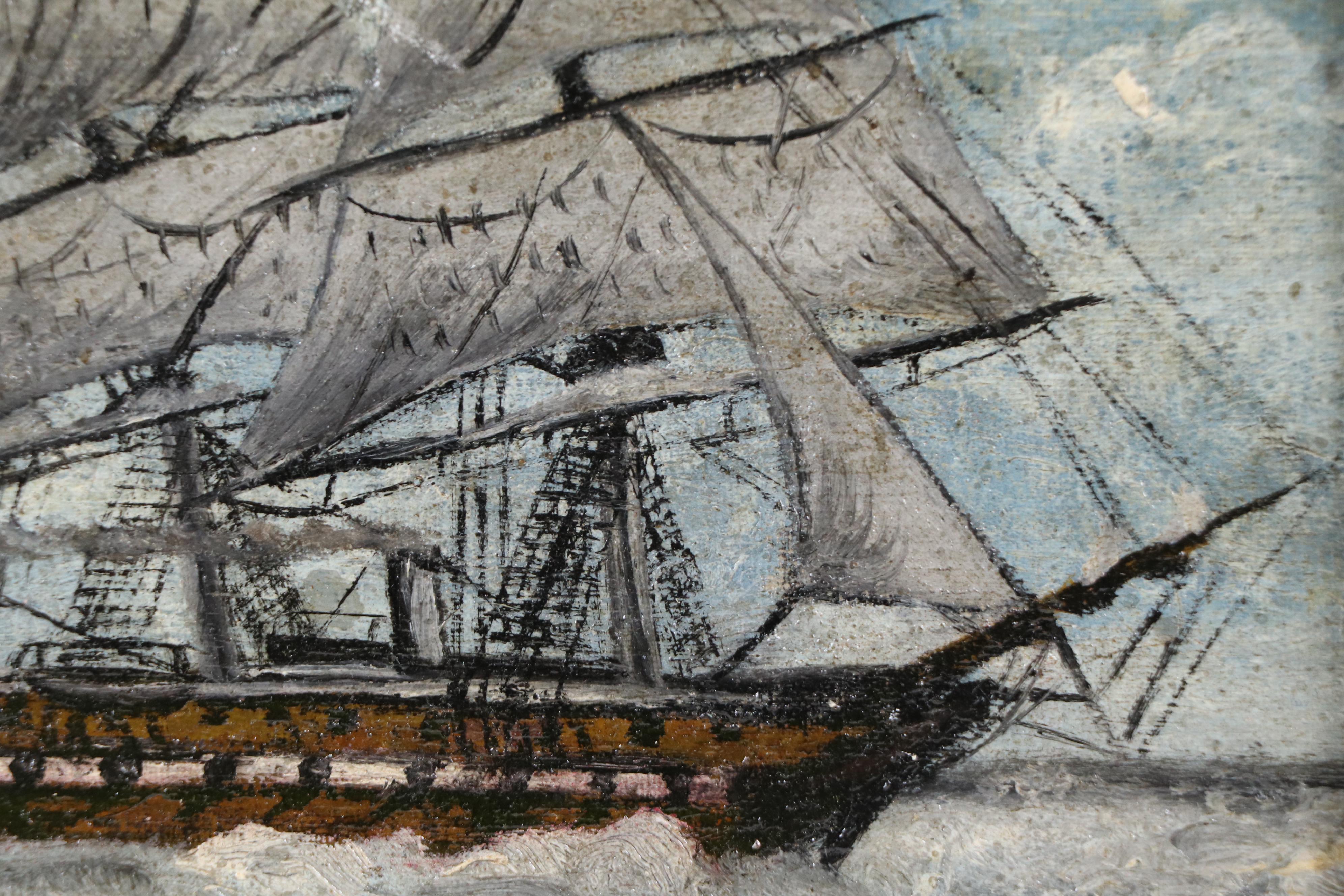Self-Taught Artist Oil Painting of Clipper Ship, Late 19th or Early 20th Century