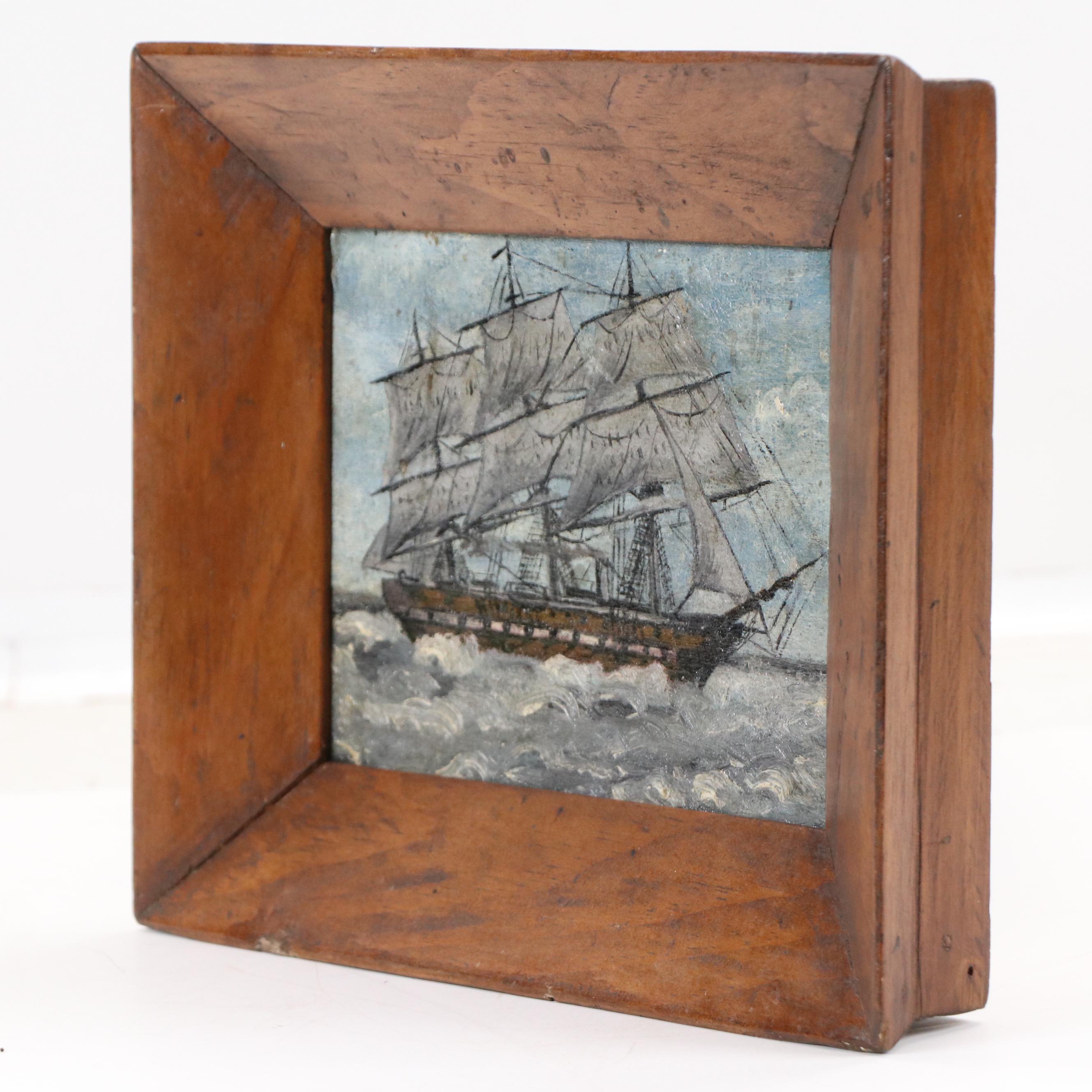 Self-Taught Artist Oil Painting of Clipper Ship, Late 19th or Early 20th Century