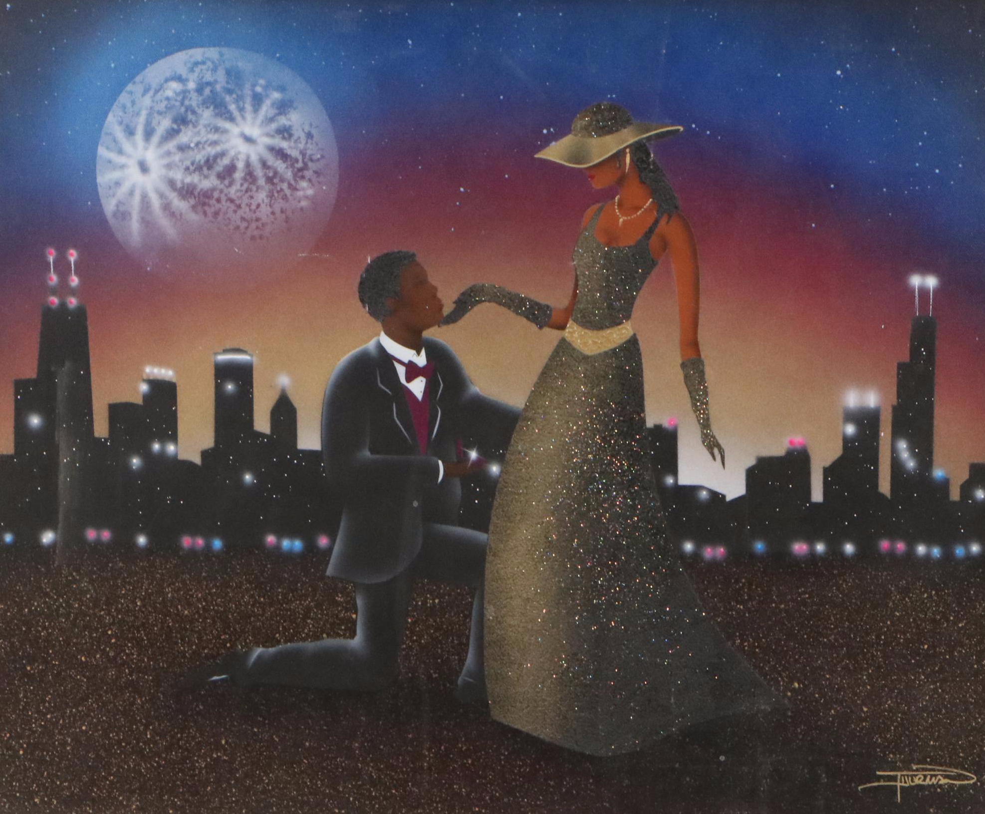 Embellished Giclée of Jazz Art Glamorous Couple with Skyline, Late 20th Century