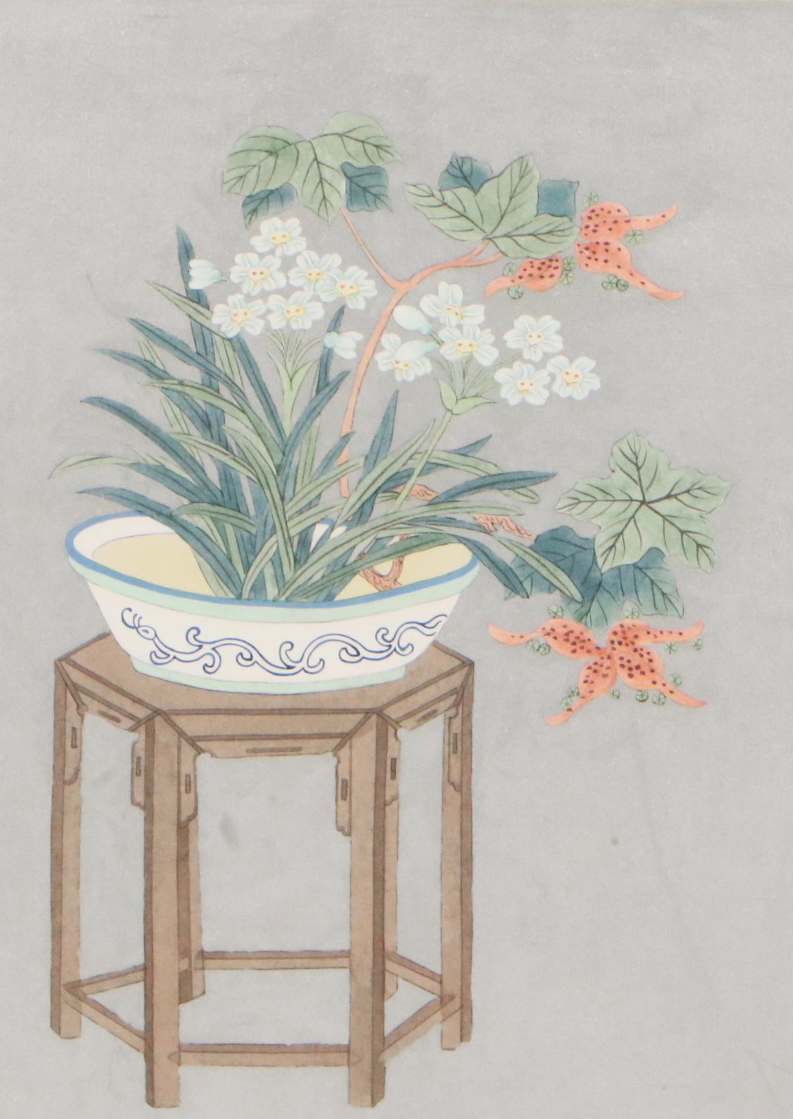 East Asian Style Watercolor Painting of Botanical Still Life, Mid-20th Century