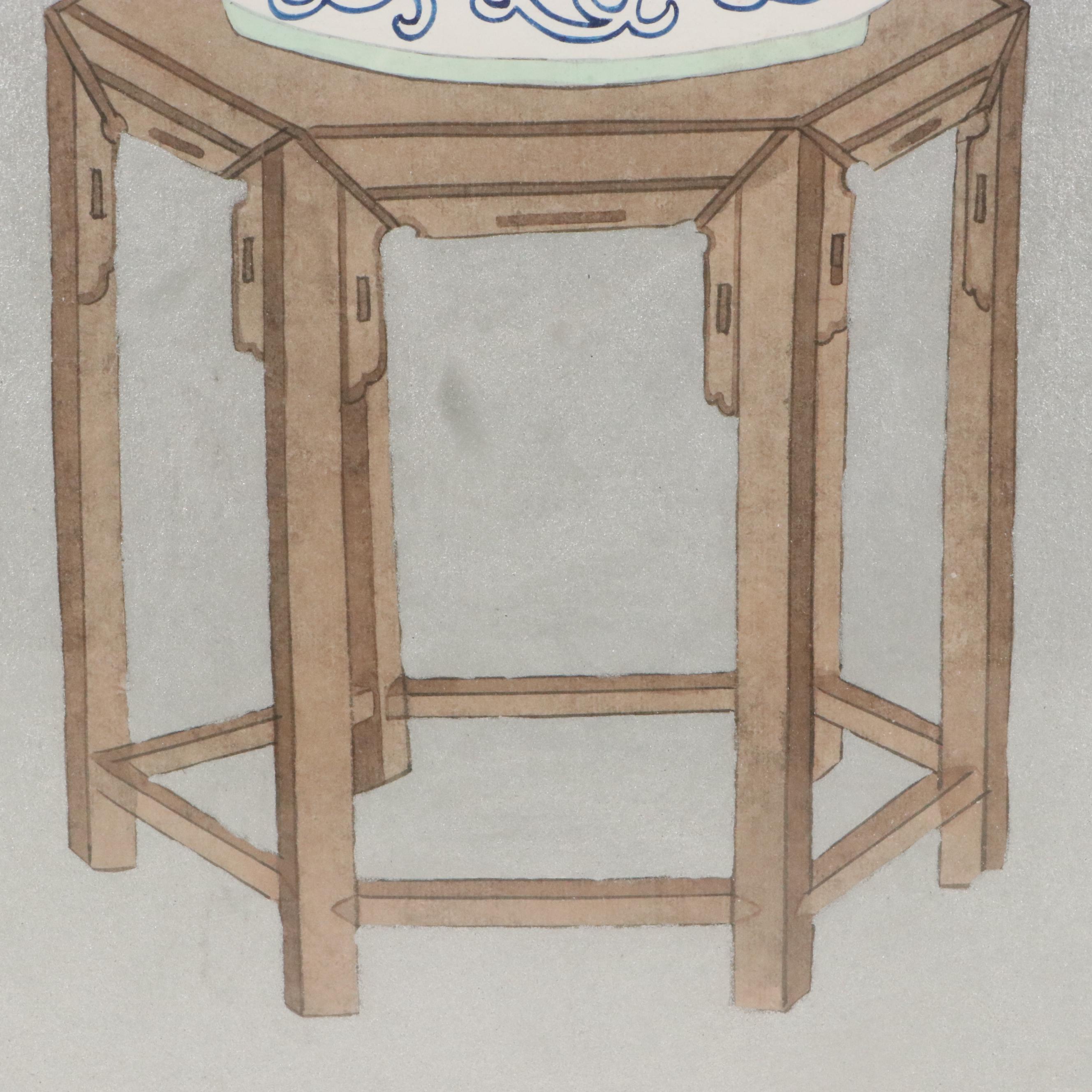 East Asian Style Watercolor Painting of Botanical Still Life, Mid-20th Century