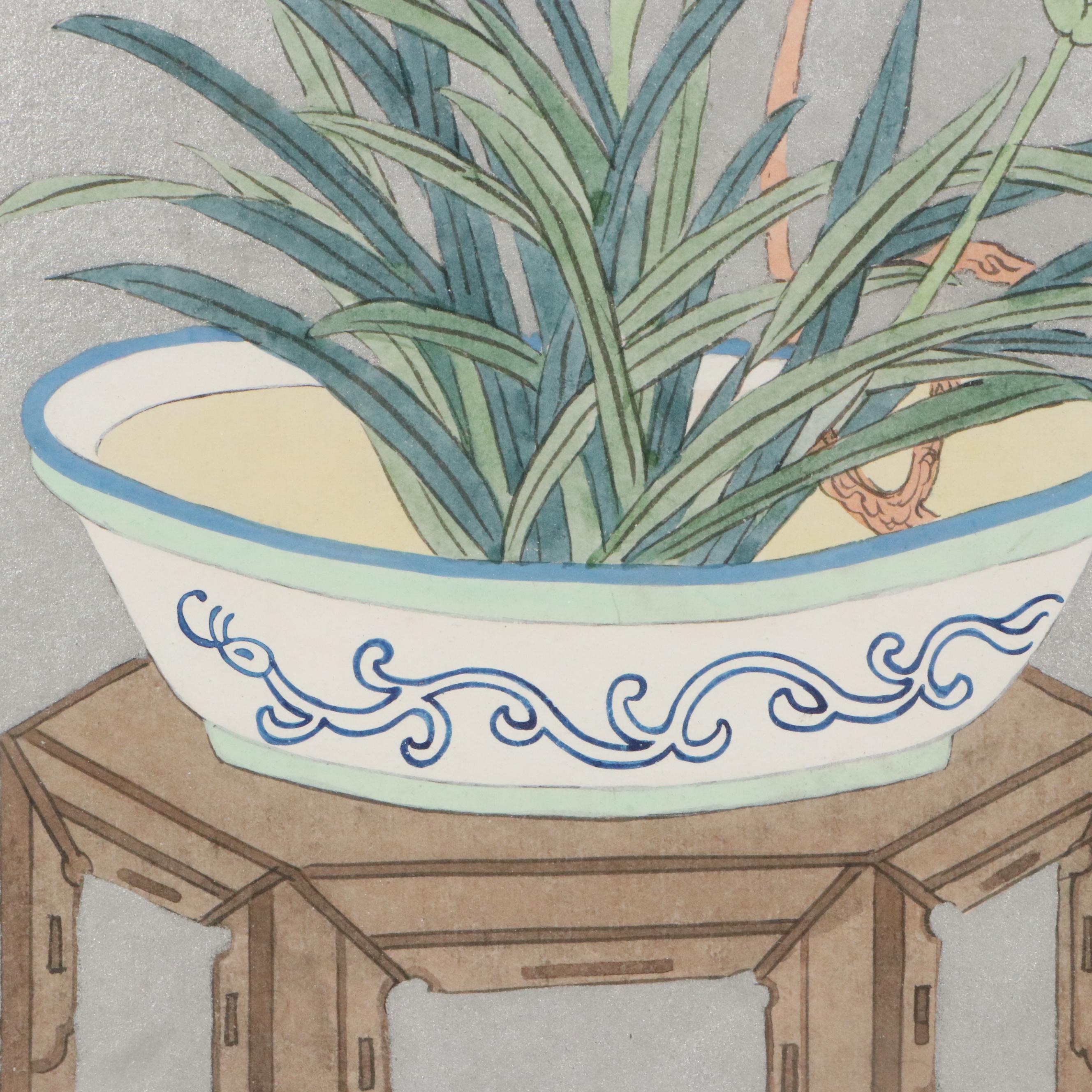 East Asian Style Watercolor Painting of Botanical Still Life, Mid-20th Century