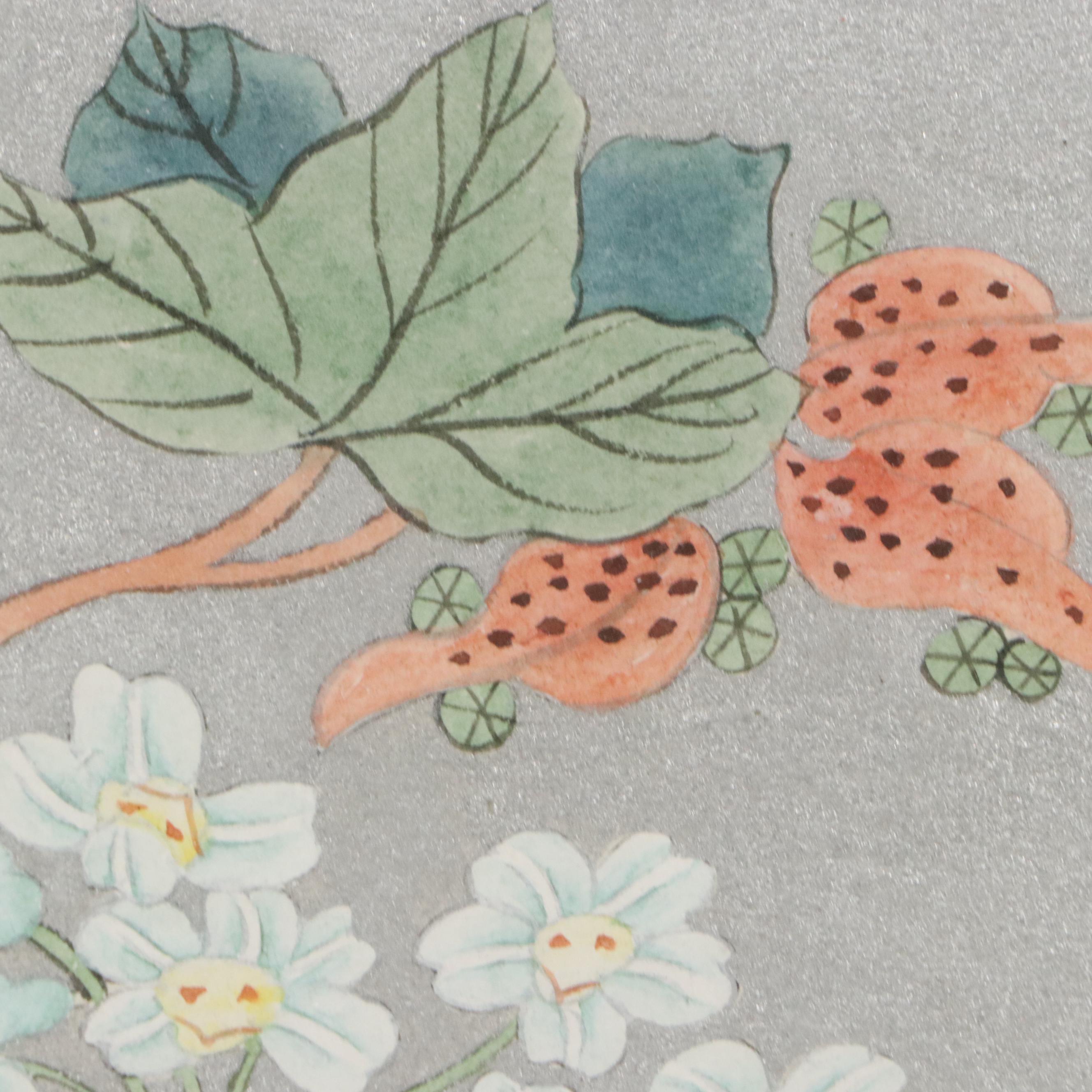 East Asian Style Watercolor Painting of Botanical Still Life, Mid-20th Century