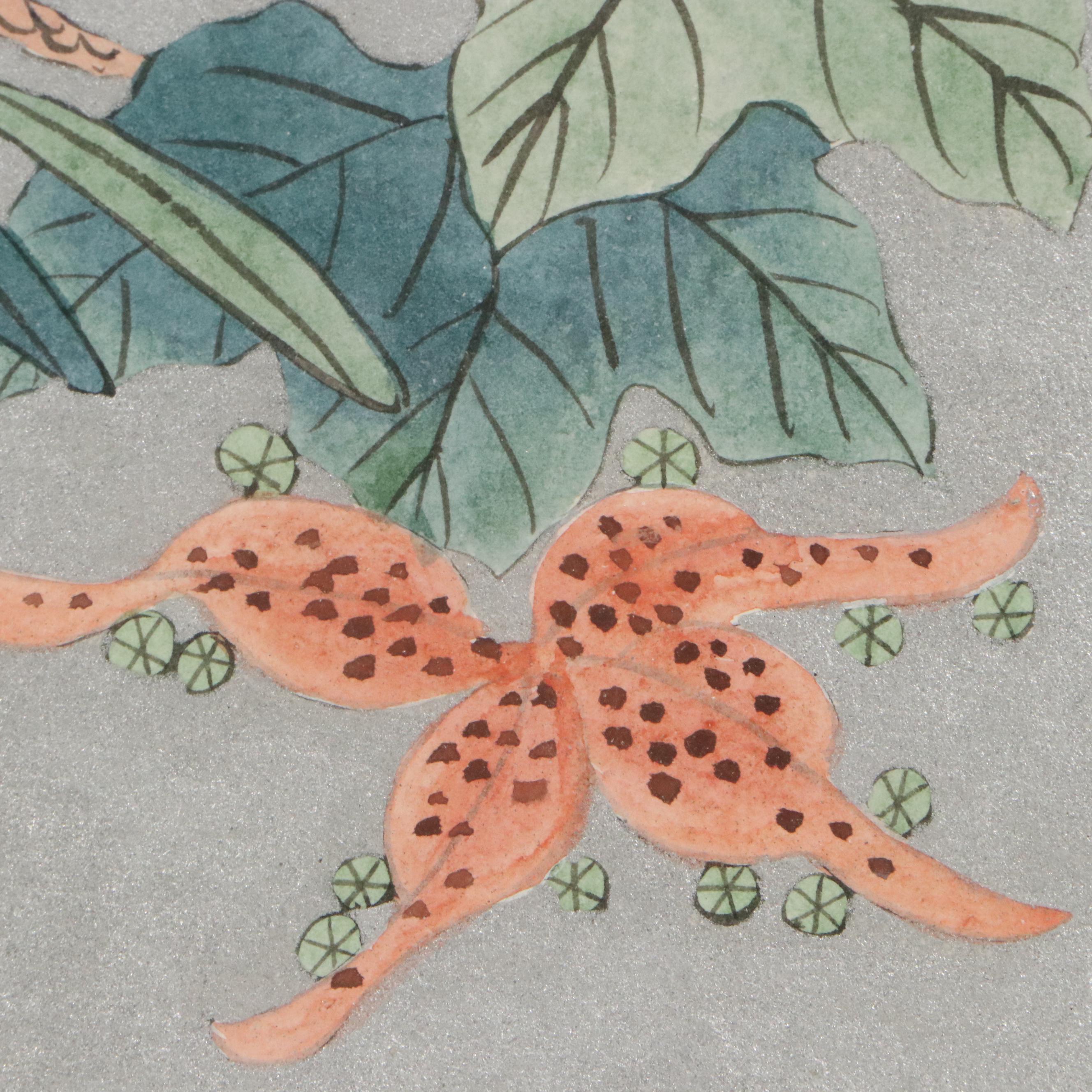 East Asian Style Watercolor Painting of Botanical Still Life, Mid-20th Century