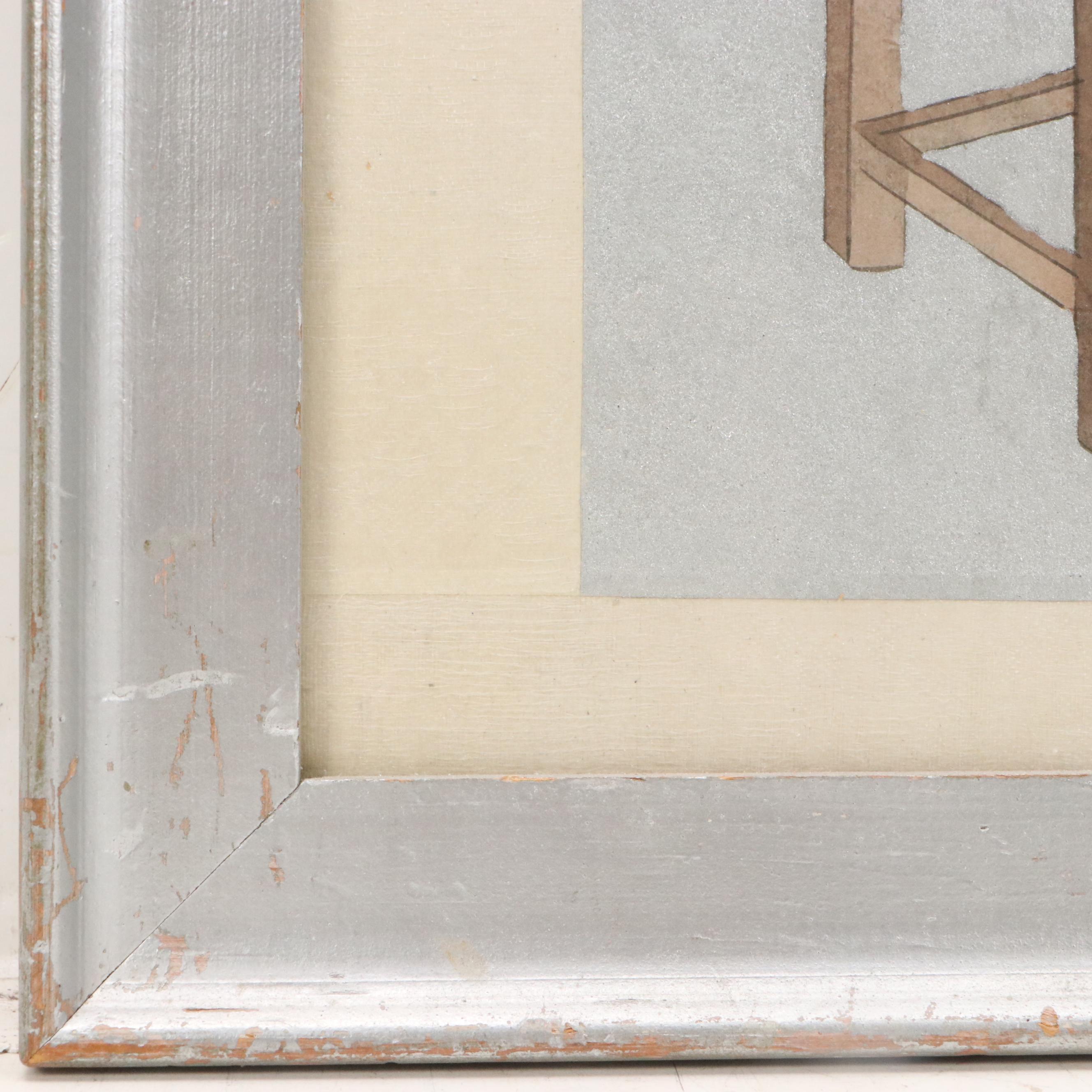 East Asian Style Watercolor Painting of Botanical Still Life, Mid-20th Century