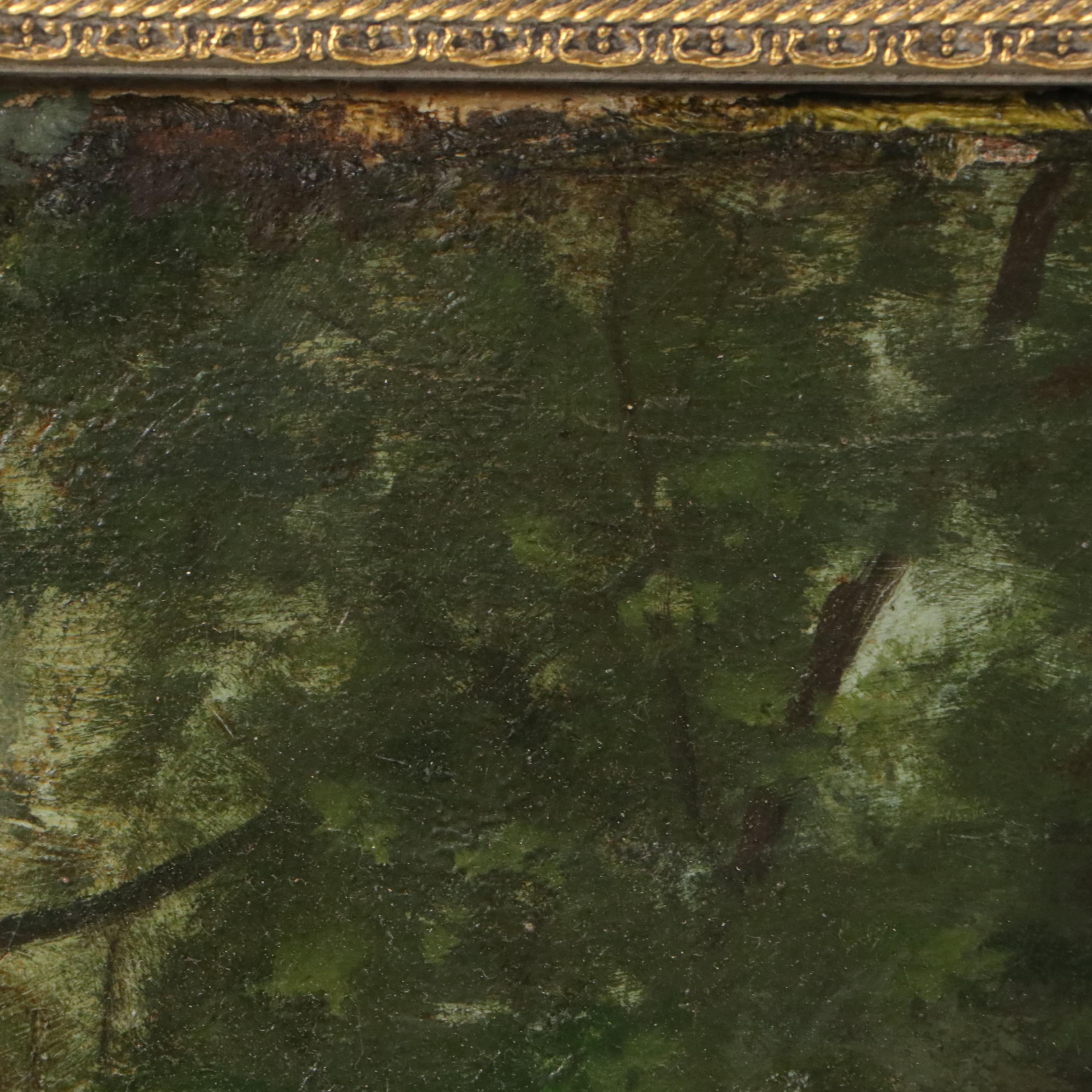 Traditional Oil Painting of Canoe at Riverbank, Early 20th Century