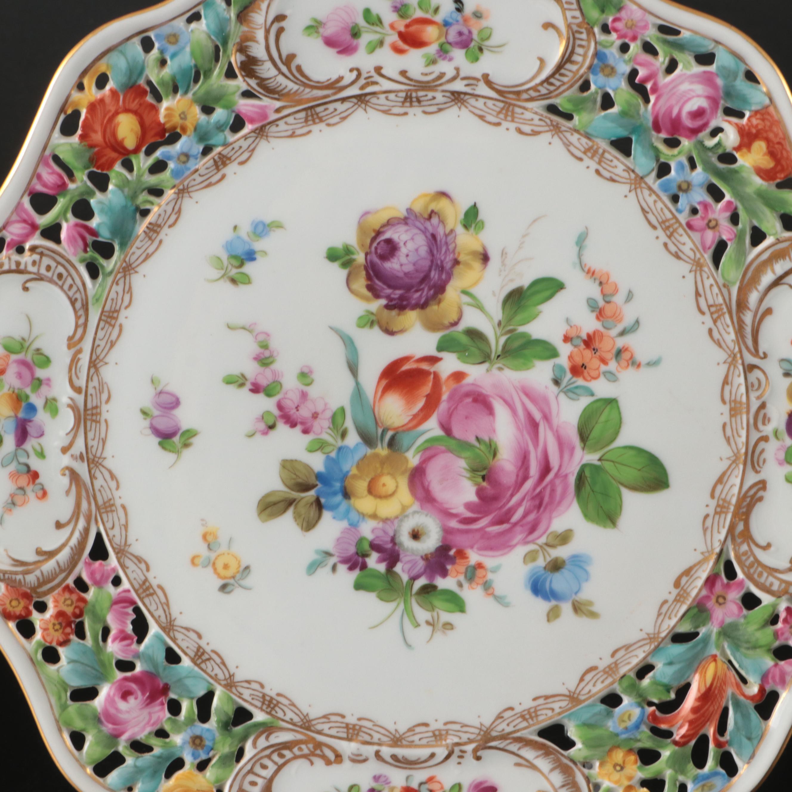 Carl Thieme Potschappel and Other Floral Latticework Dresden Porcelain Plates