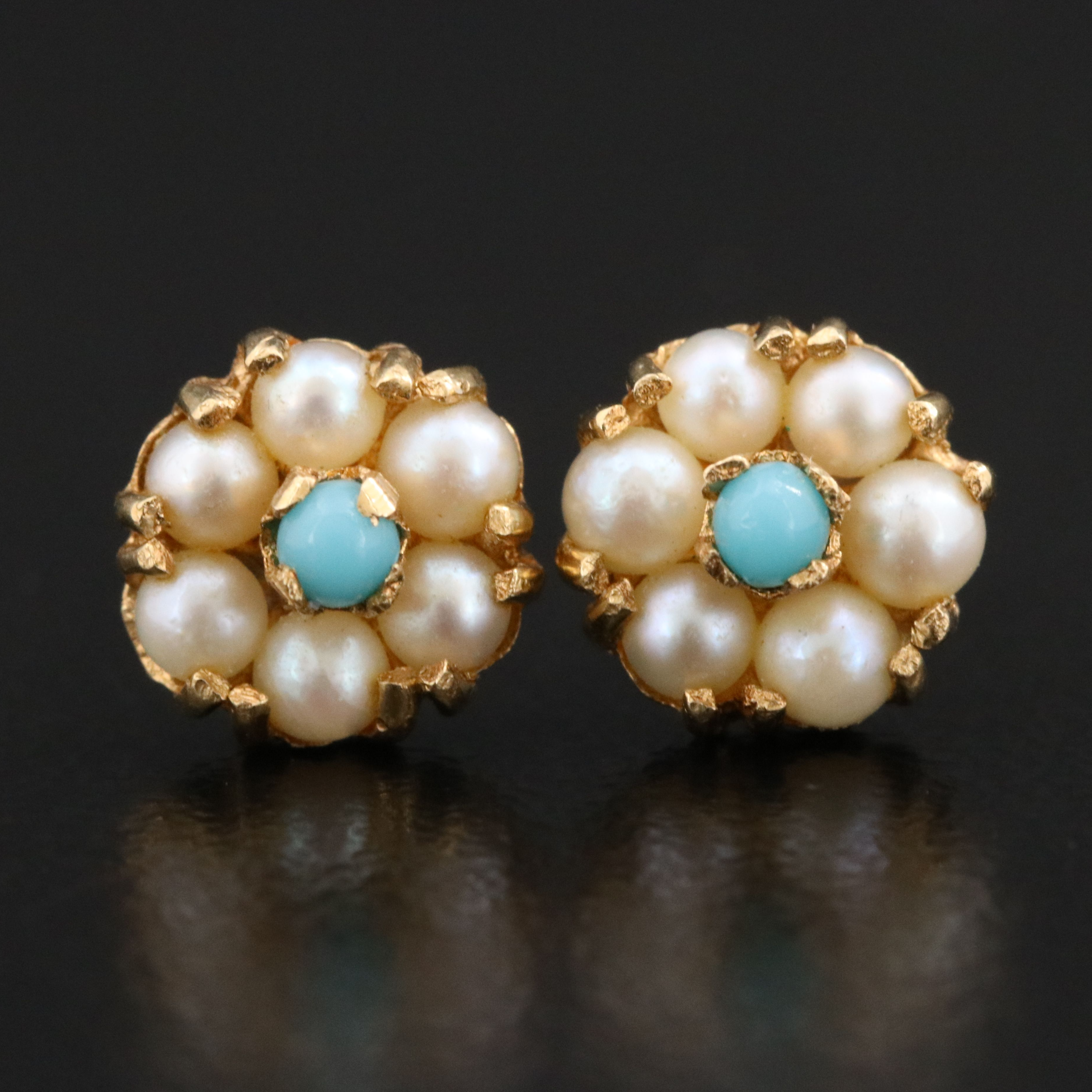 14K Pearl and Imitation Turquoise Halo Stud Earrings
