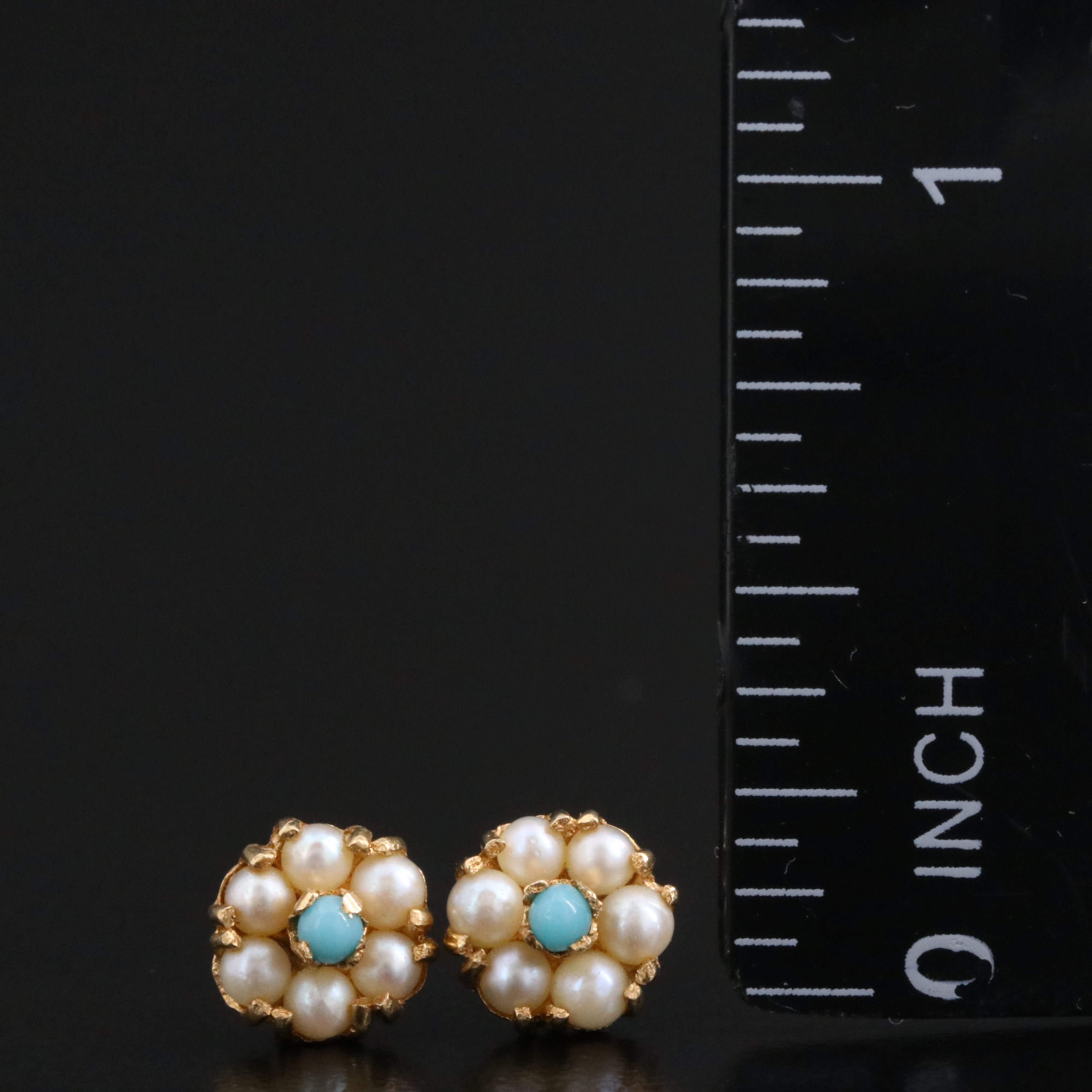 14K Pearl and Imitation Turquoise Halo Stud Earrings