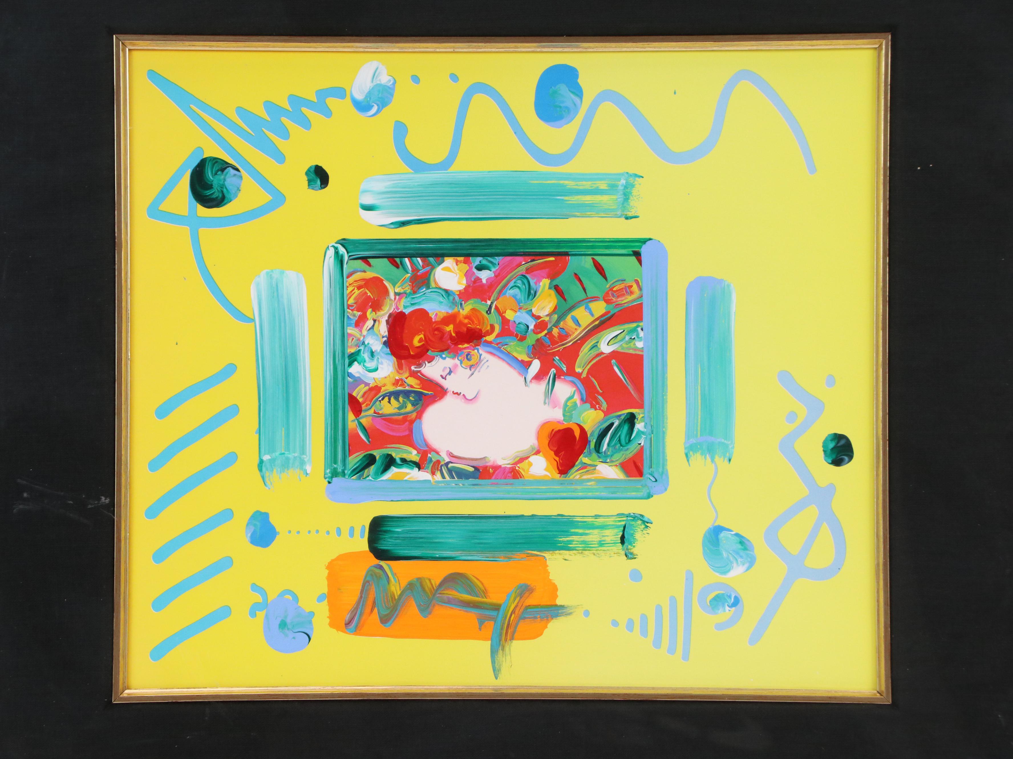 Peter Max Mixed Media Painting "Flower Blossom Lady with Heart," 2002