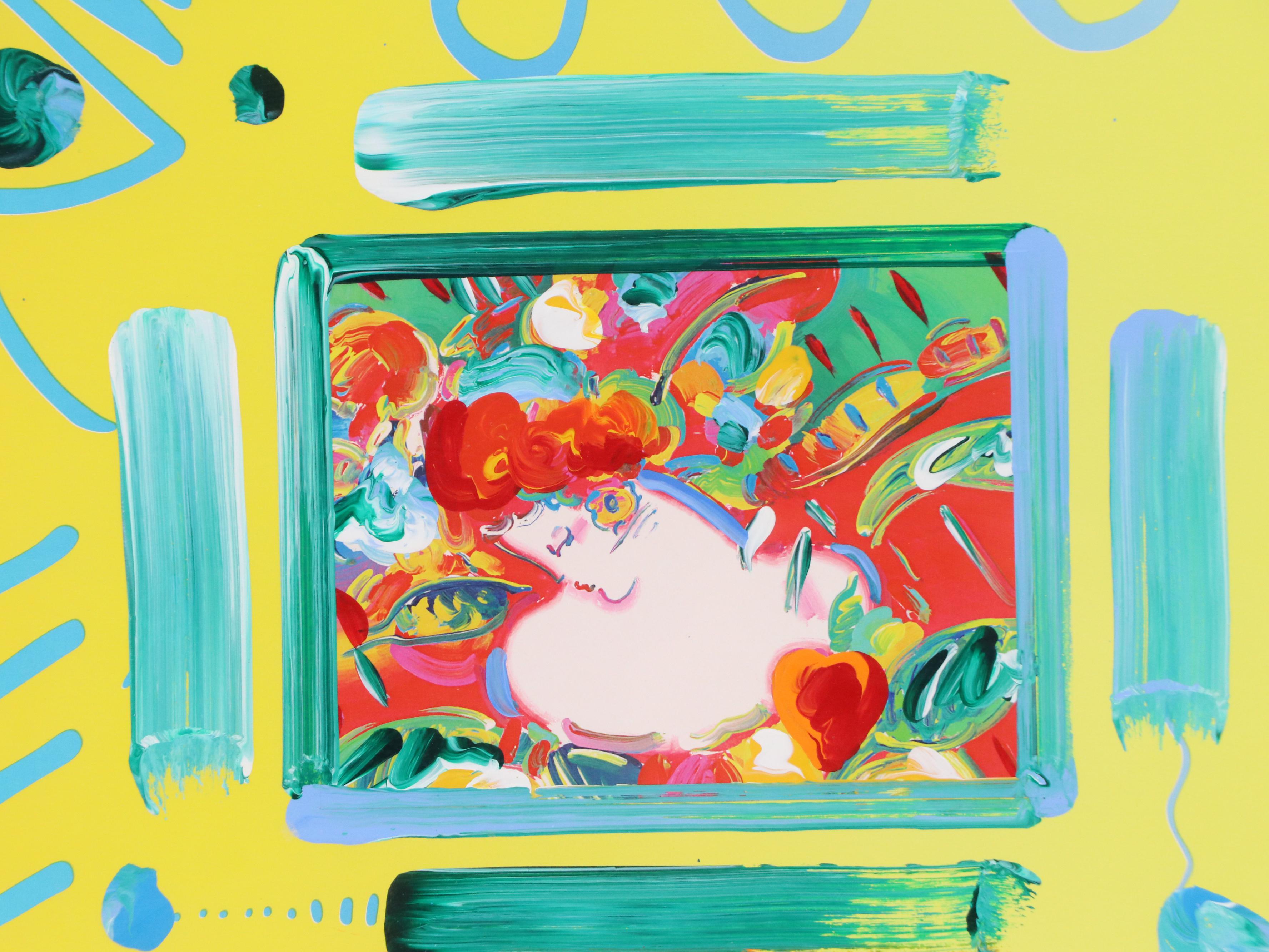 Peter Max Mixed Media Painting "Flower Blossom Lady with Heart," 2002