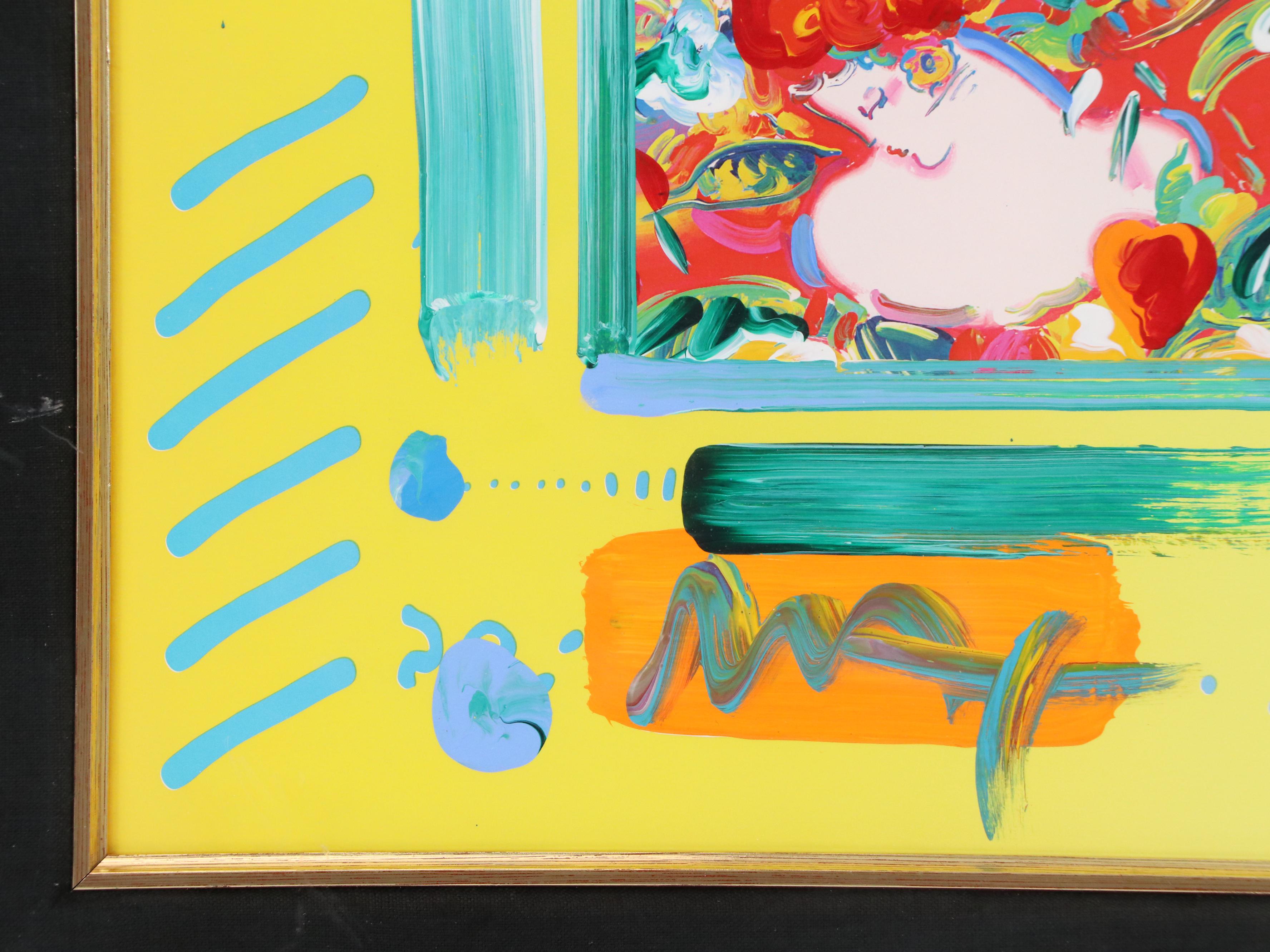 Peter Max Mixed Media Painting "Flower Blossom Lady with Heart," 2002