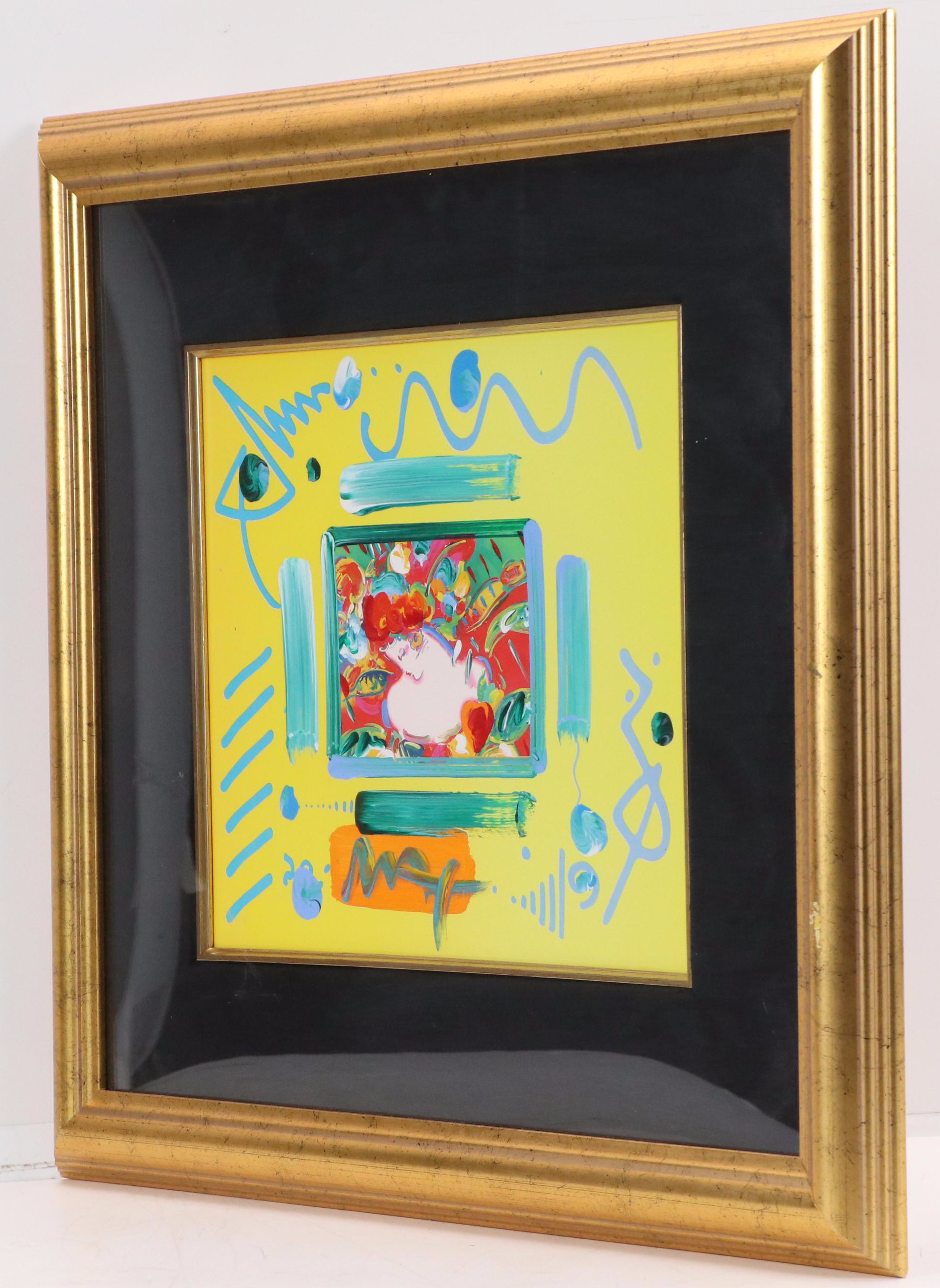 Peter Max Mixed Media Painting "Flower Blossom Lady with Heart," 2002