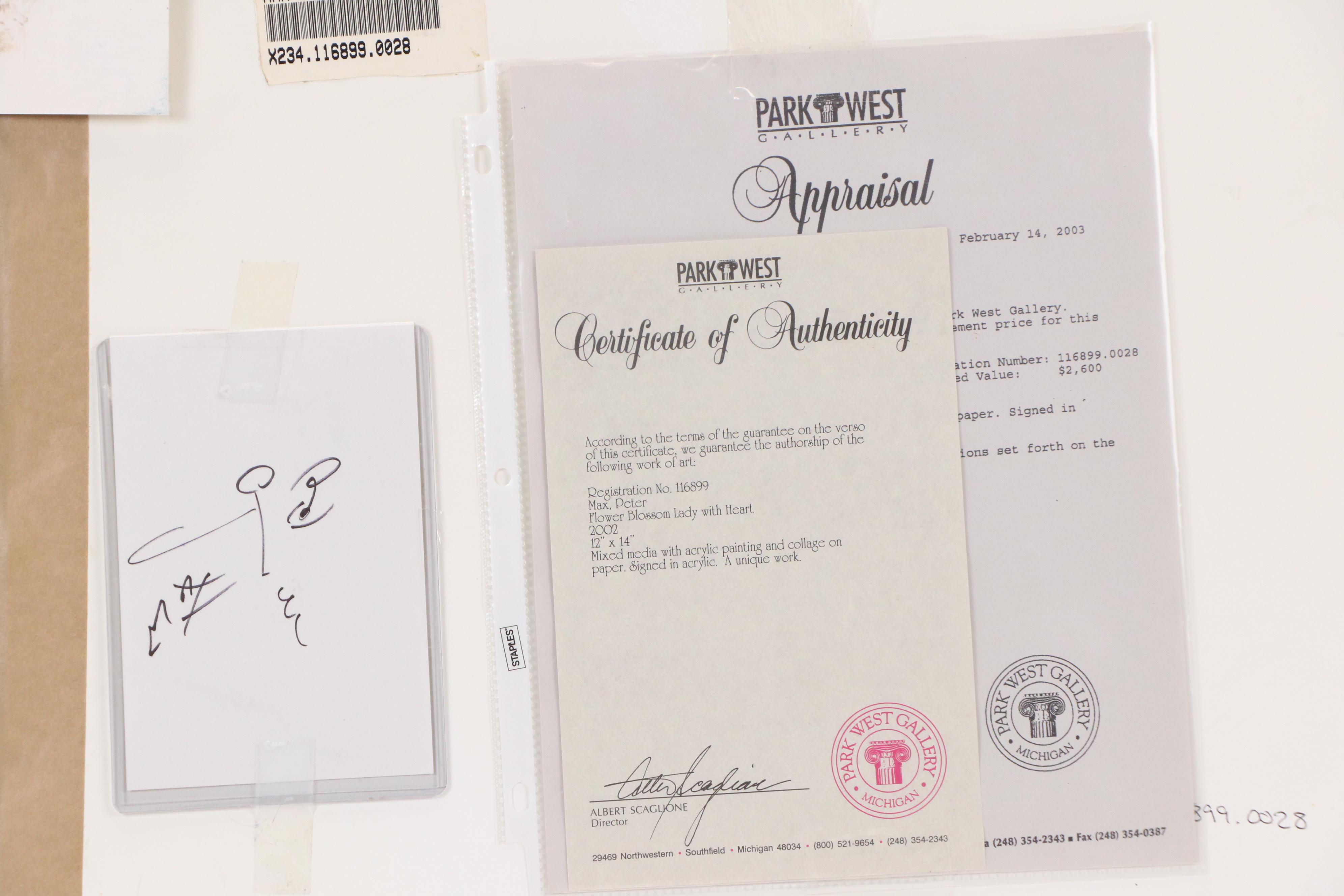 Peter Max Mixed Media Painting "Flower Blossom Lady with Heart," 2002