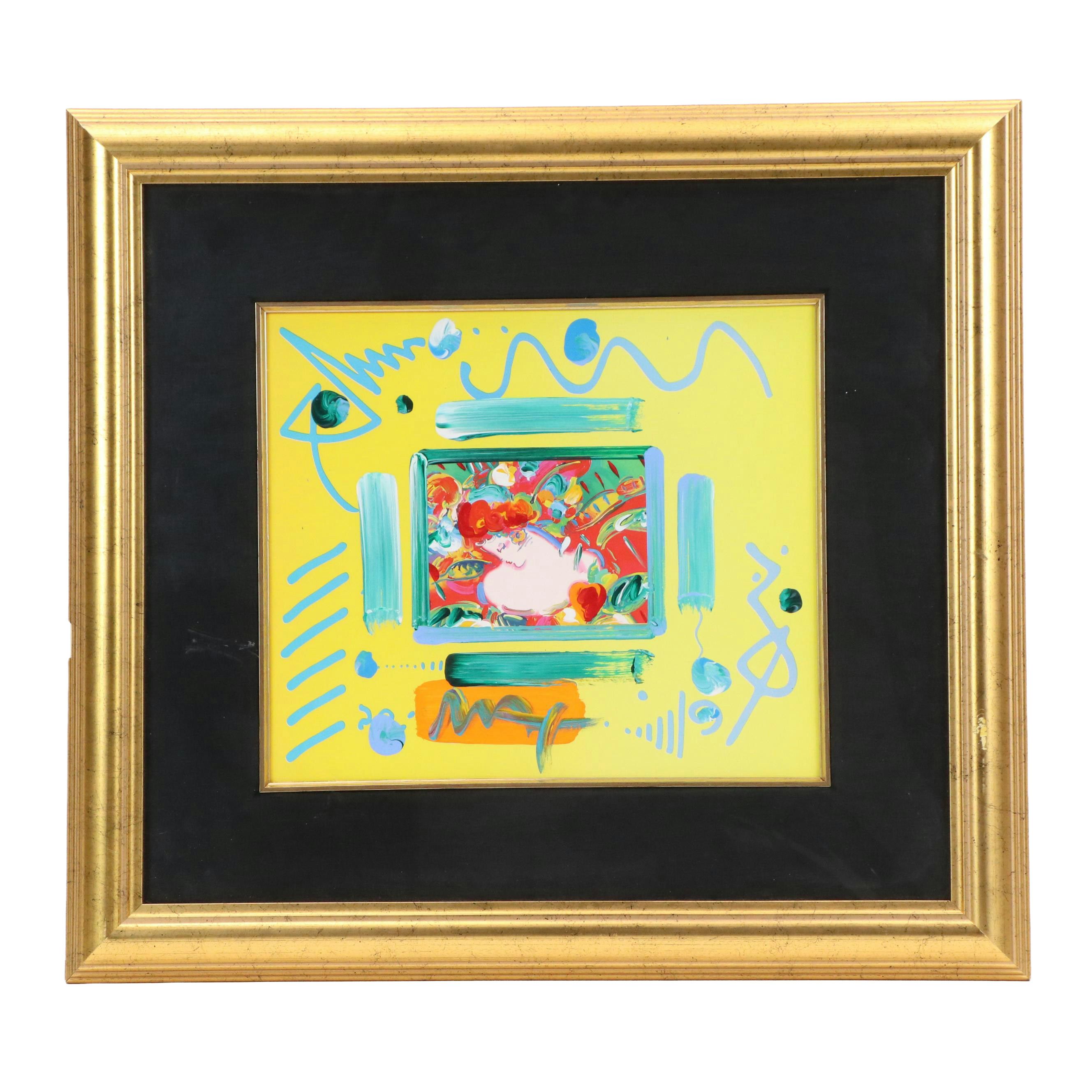 Peter Max Mixed Media Painting "Flower Blossom Lady with Heart," 2002