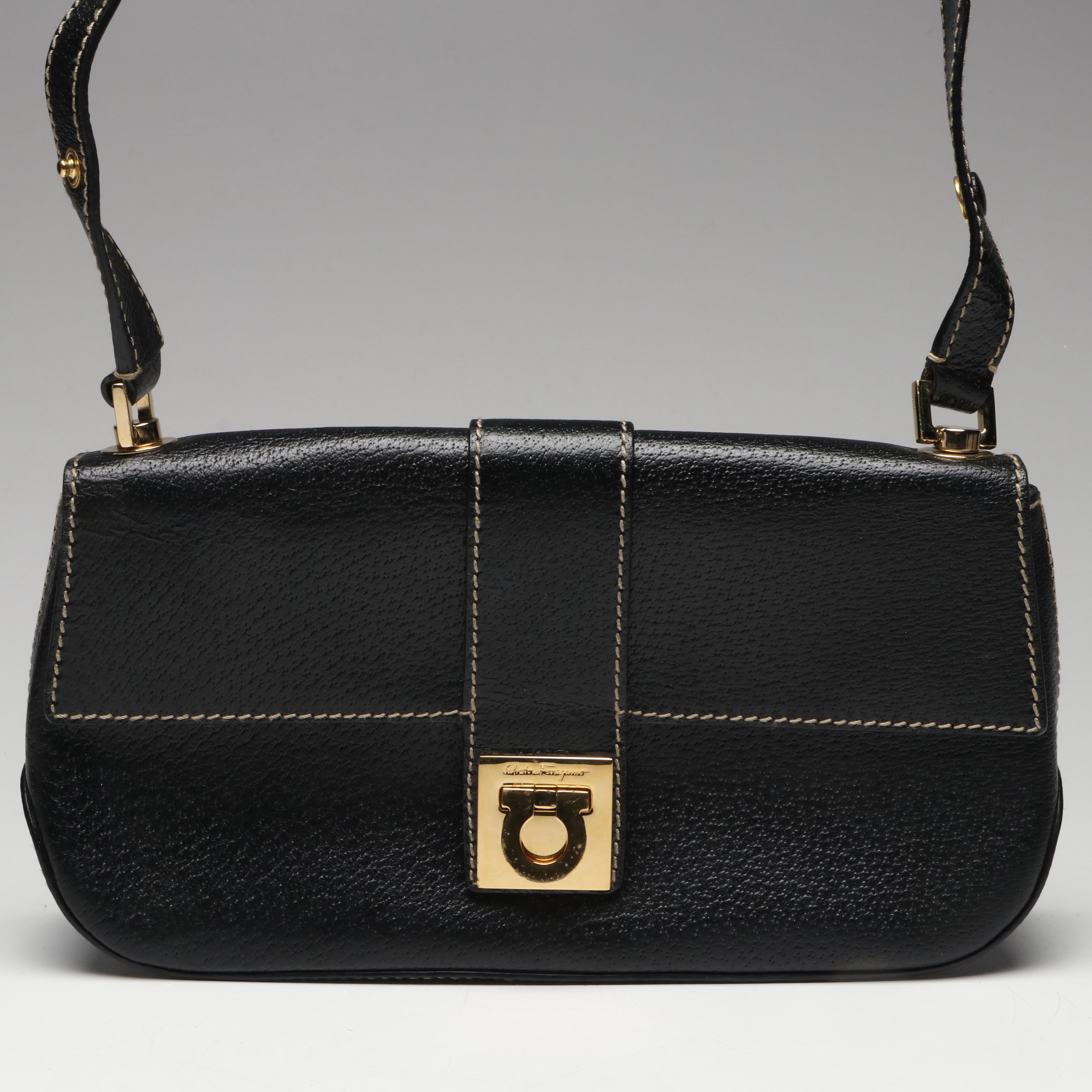Salvatore Ferragamo Gancini Buckle Shoulder Bag in Black Leather