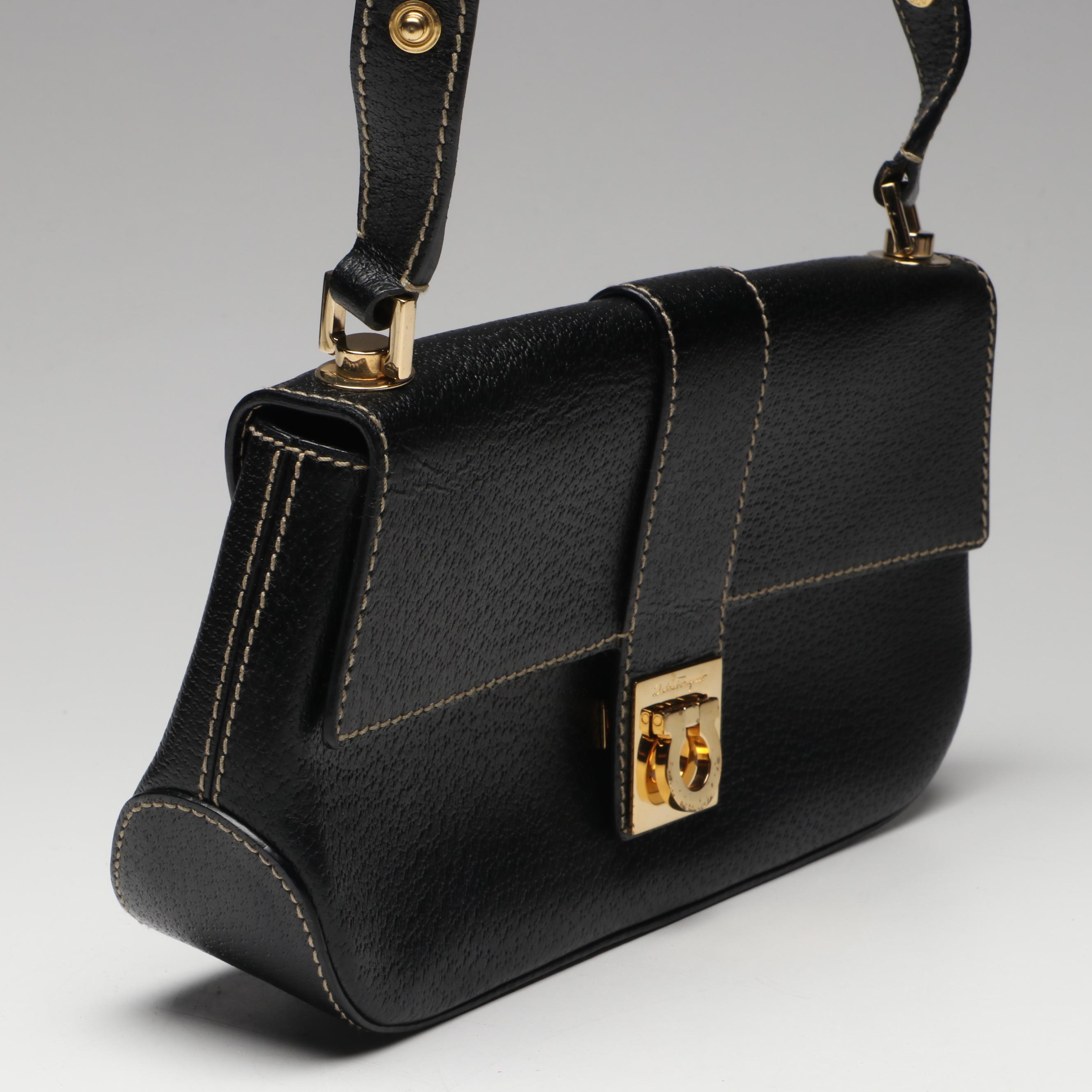 Salvatore Ferragamo Gancini Buckle Shoulder Bag in Black Leather