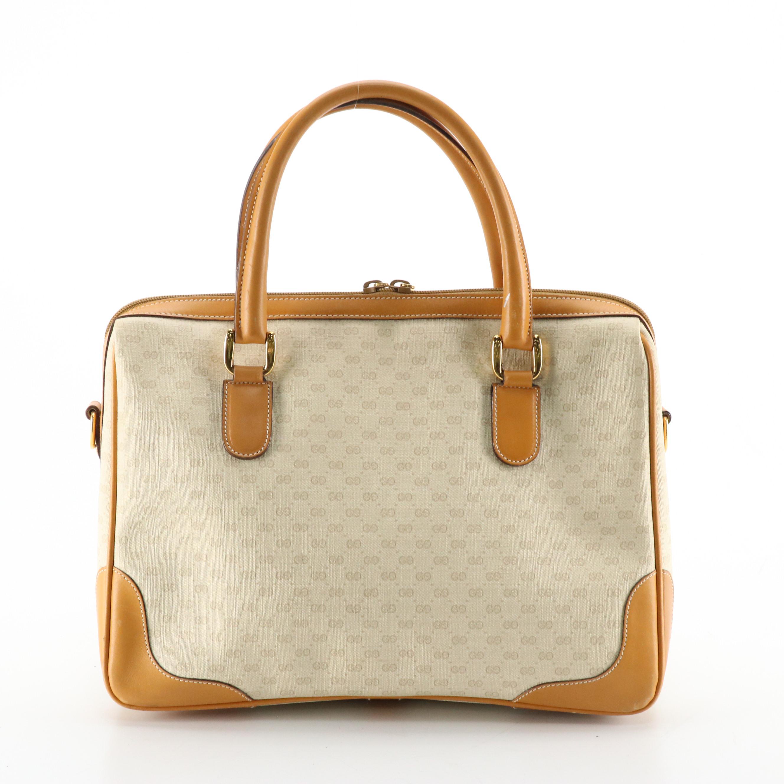 Gucci Interlocking GG Handbag in Micro GG Supreme Canvas with Tan Leather Trim