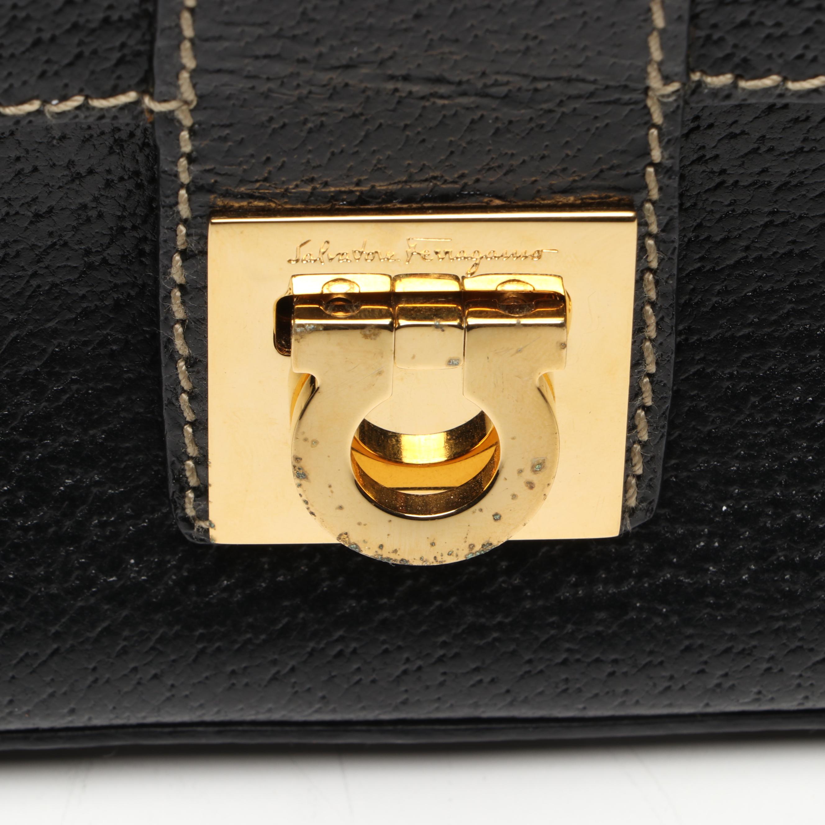 Salvatore Ferragamo Gancini Buckle Shoulder Bag in Black Leather