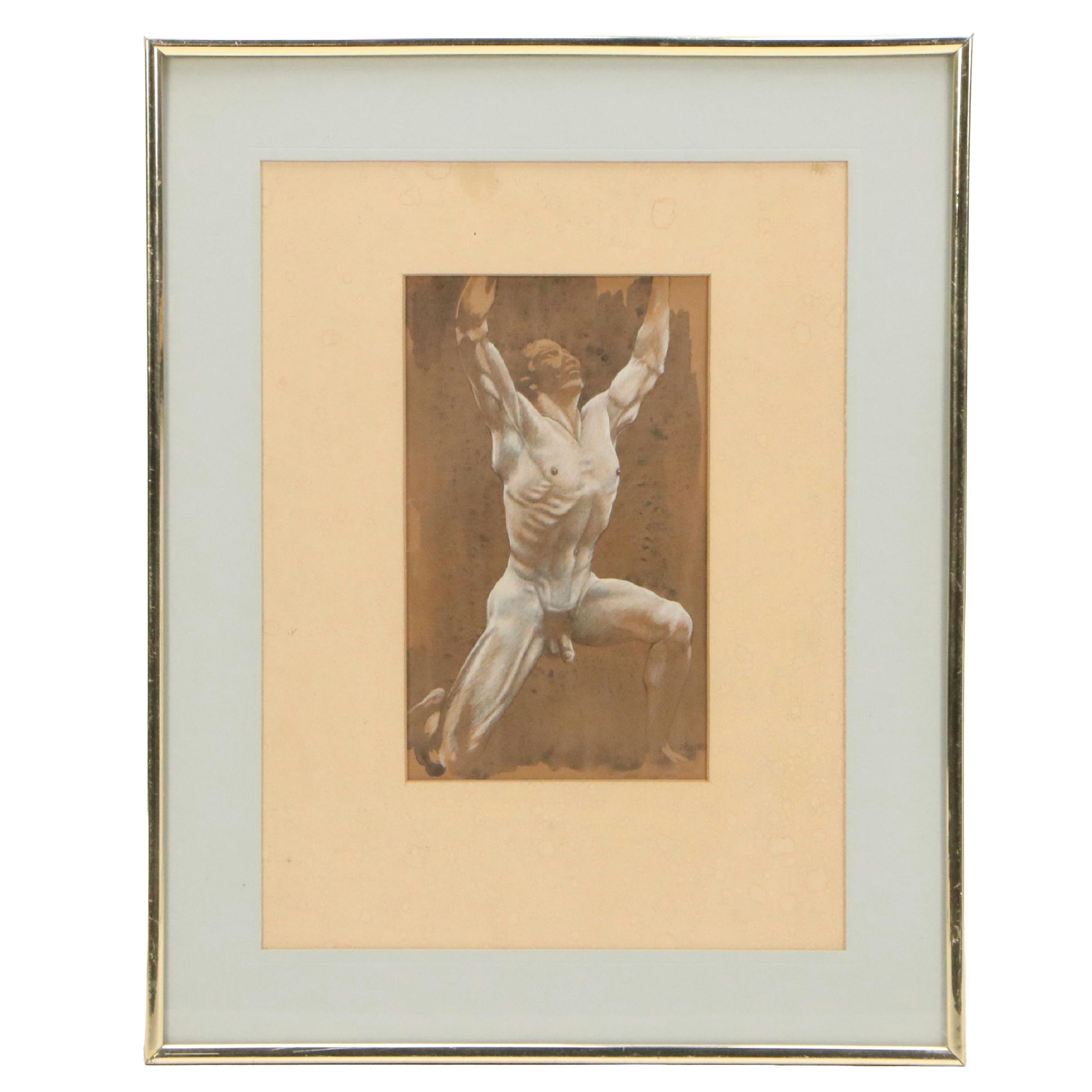 Drawing of Classical Kneeling Male Nude, 20th Century