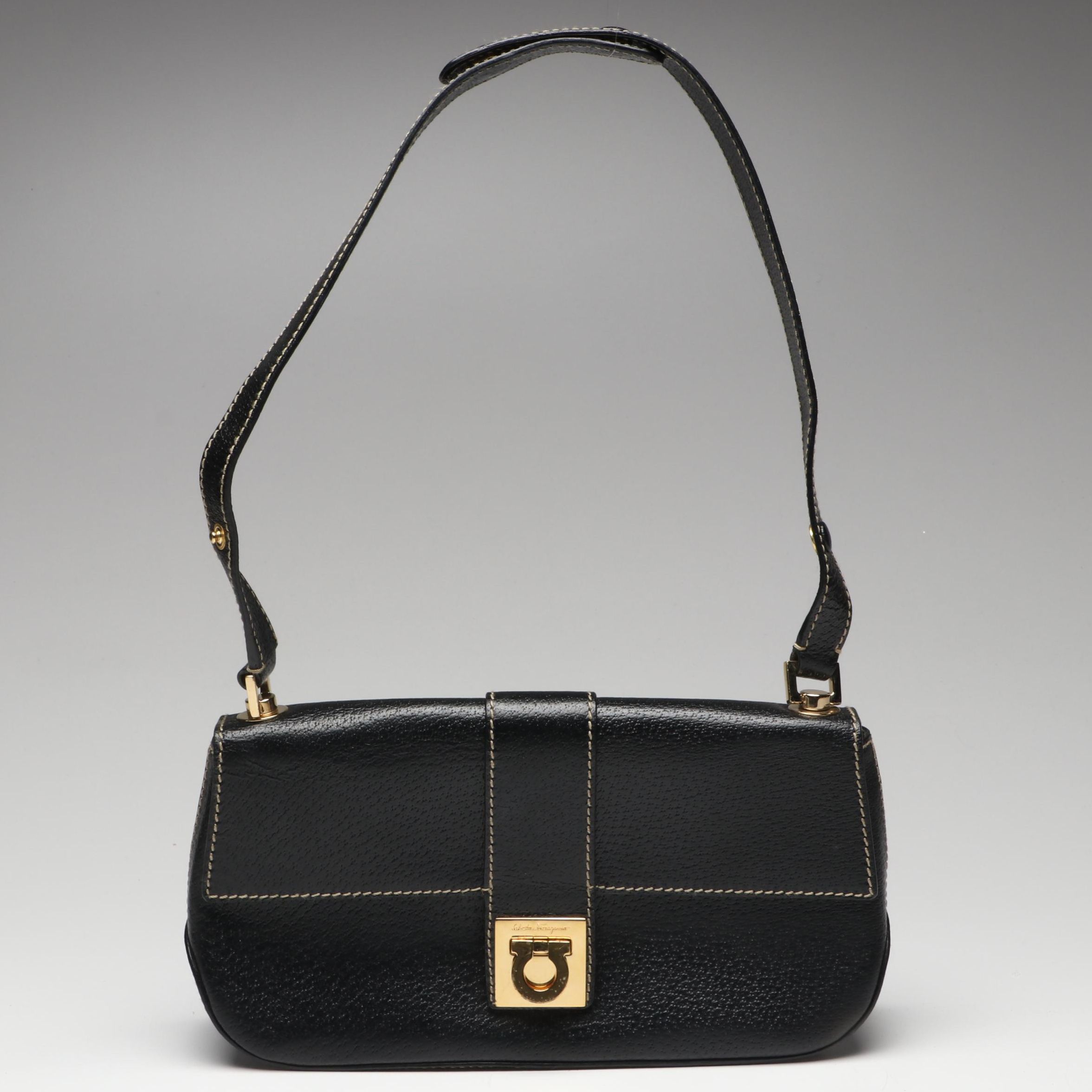 Salvatore Ferragamo Gancini Buckle Shoulder Bag in Black Leather