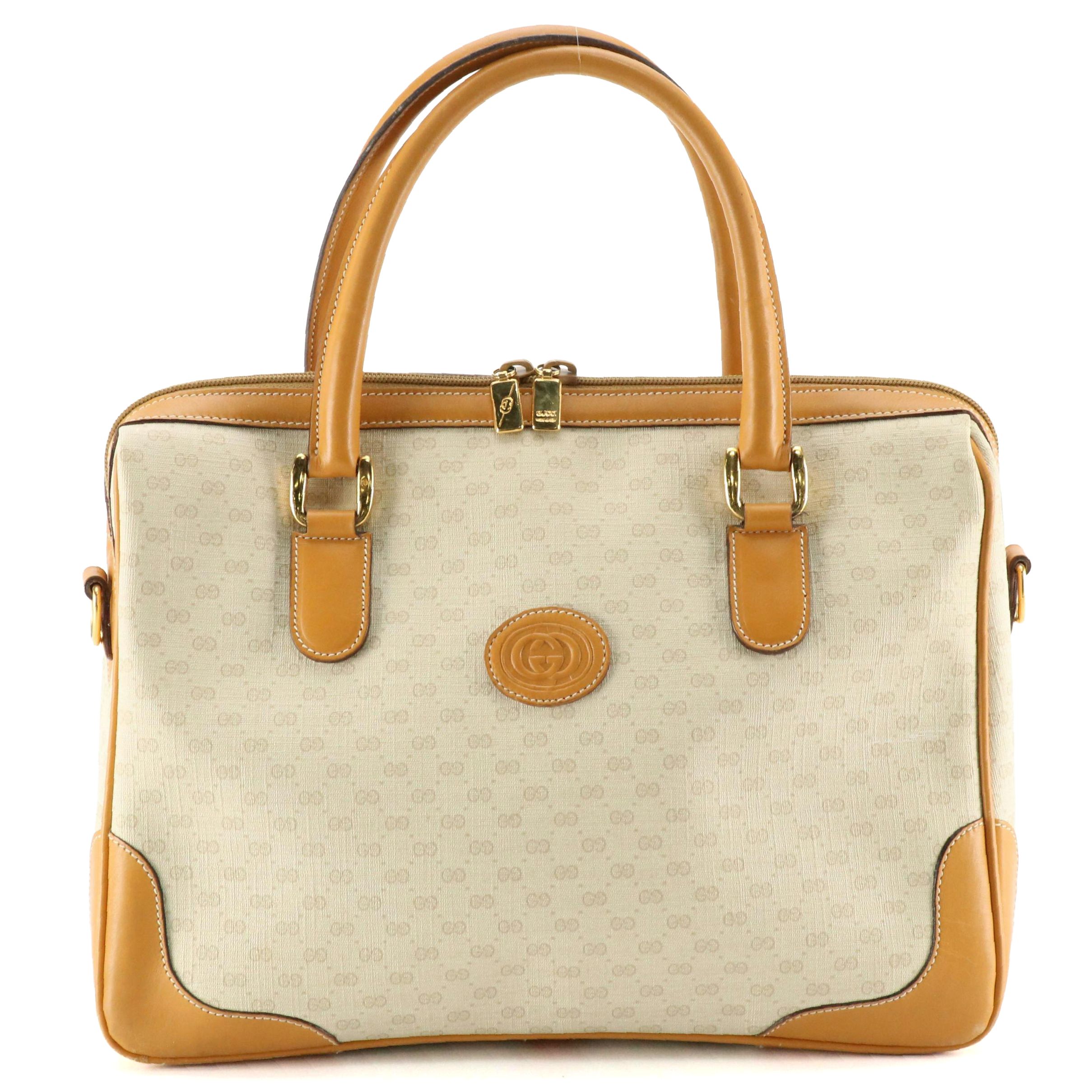 Gucci Interlocking GG Handbag in Micro GG Supreme Canvas with Tan Leather Trim