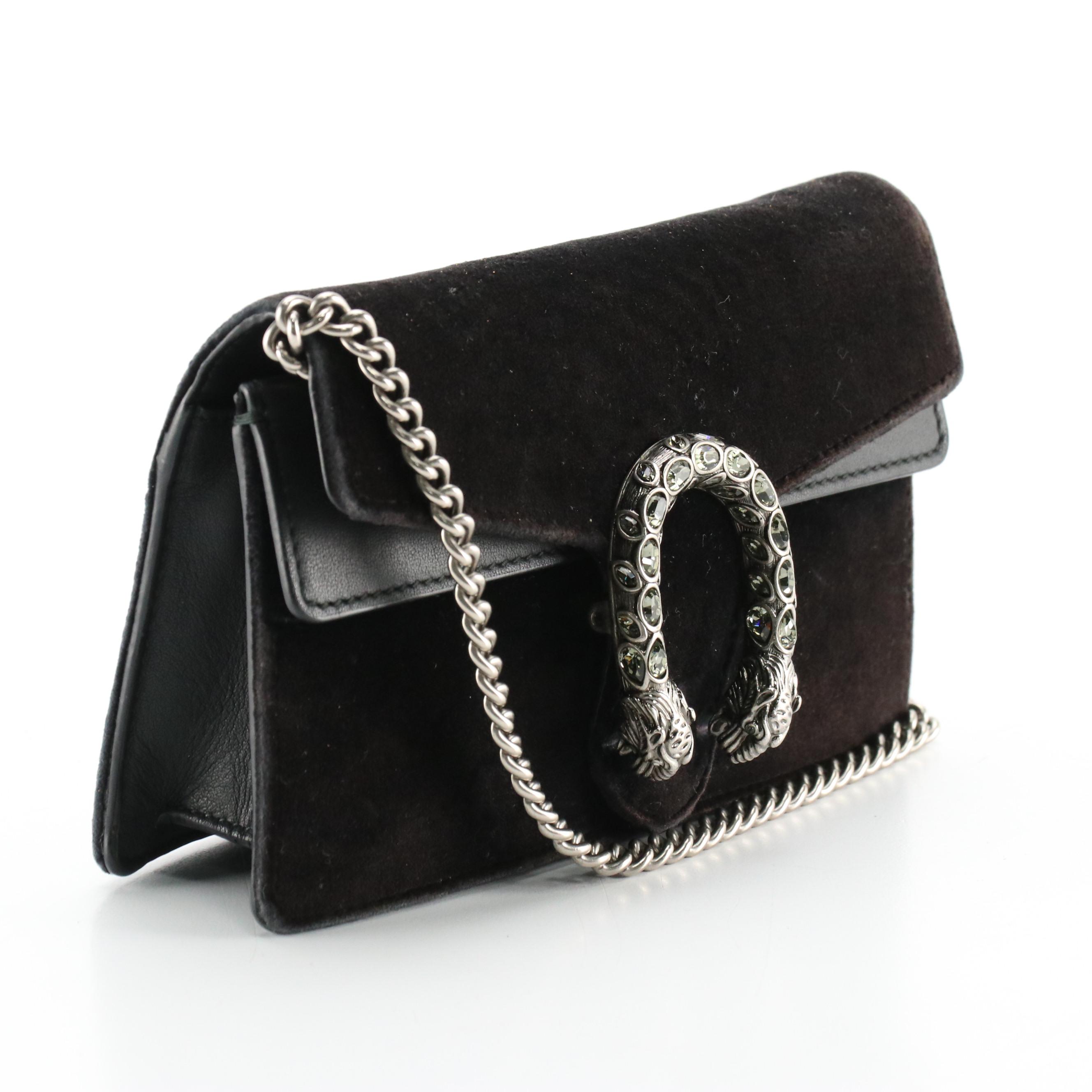 Gucci Super Mini Dionysus Clutch on Chain in Black Velvet and Calfskin Leather
