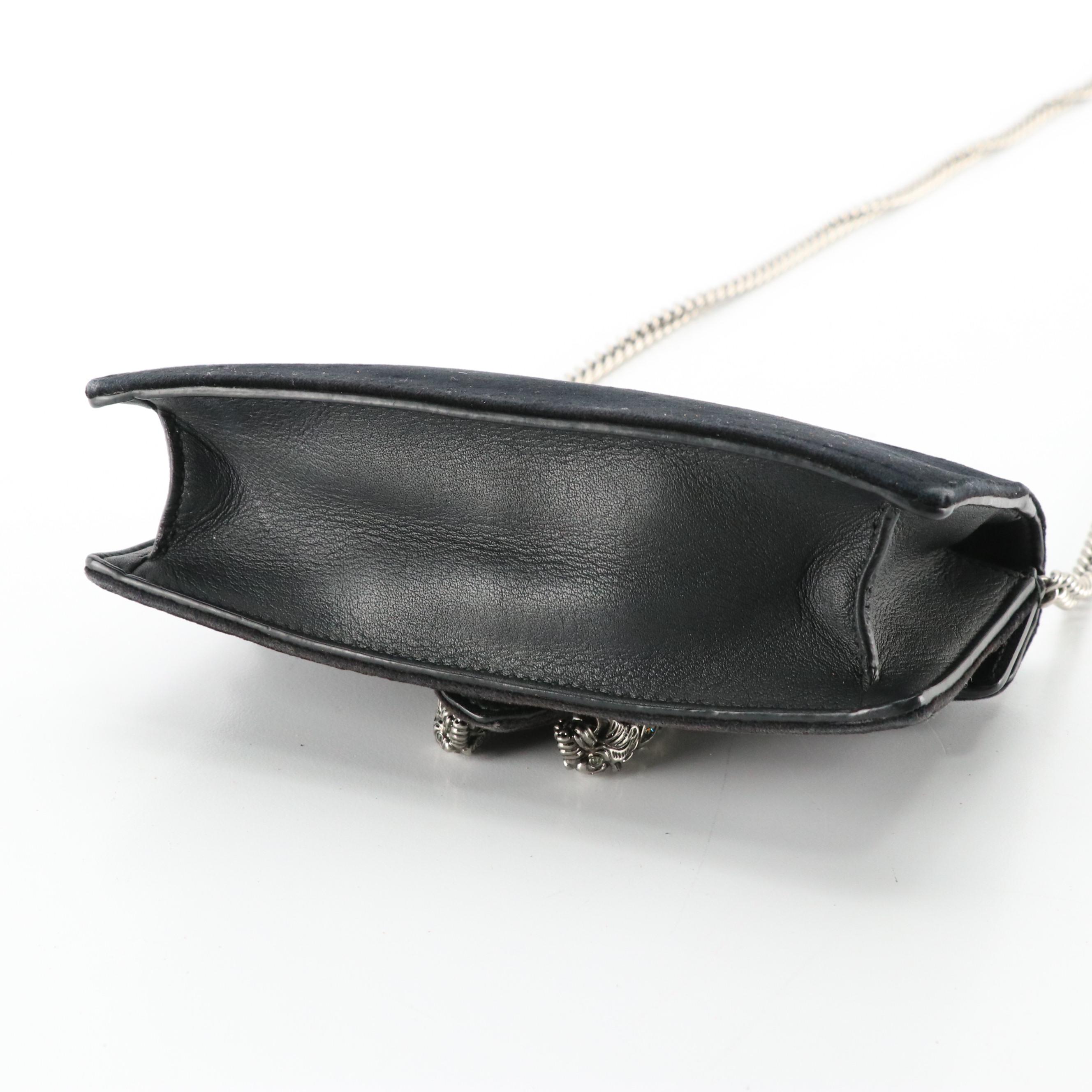 Gucci Super Mini Dionysus Clutch on Chain in Black Velvet and Calfskin Leather