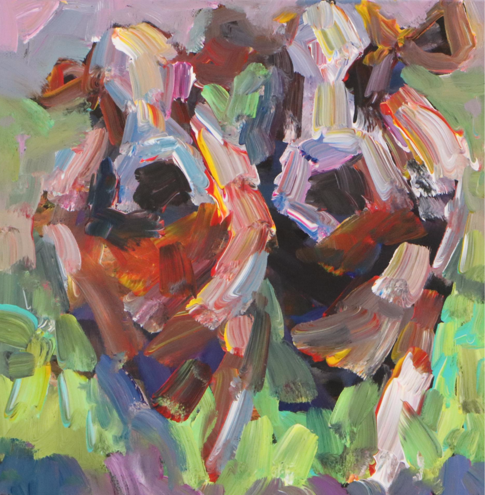 Elle Raines Stylized Acrylic Painting of Cows, 21st Century