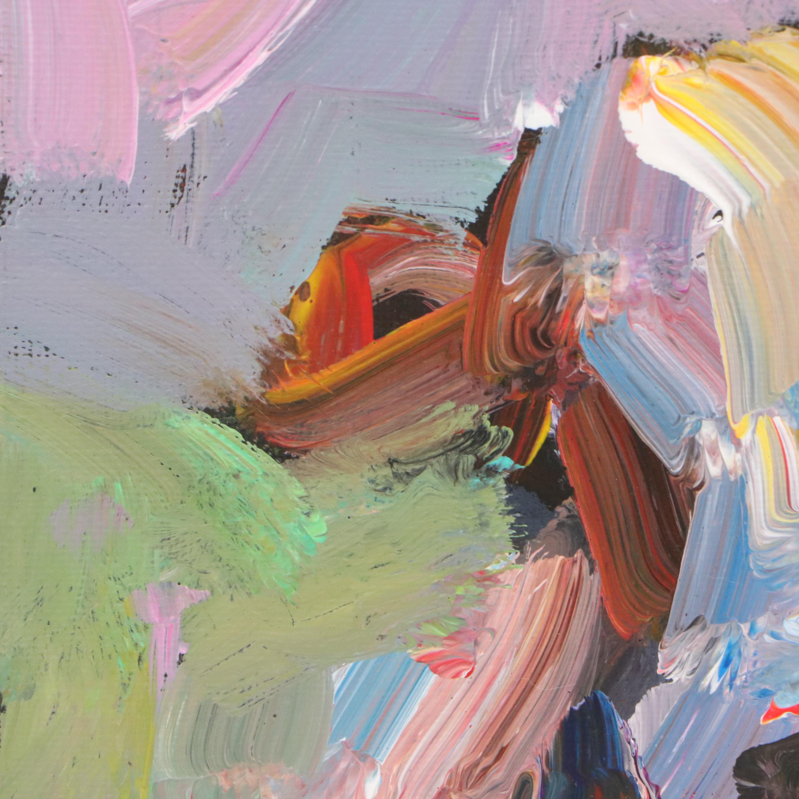 Elle Raines Stylized Acrylic Painting of Cows, 21st Century