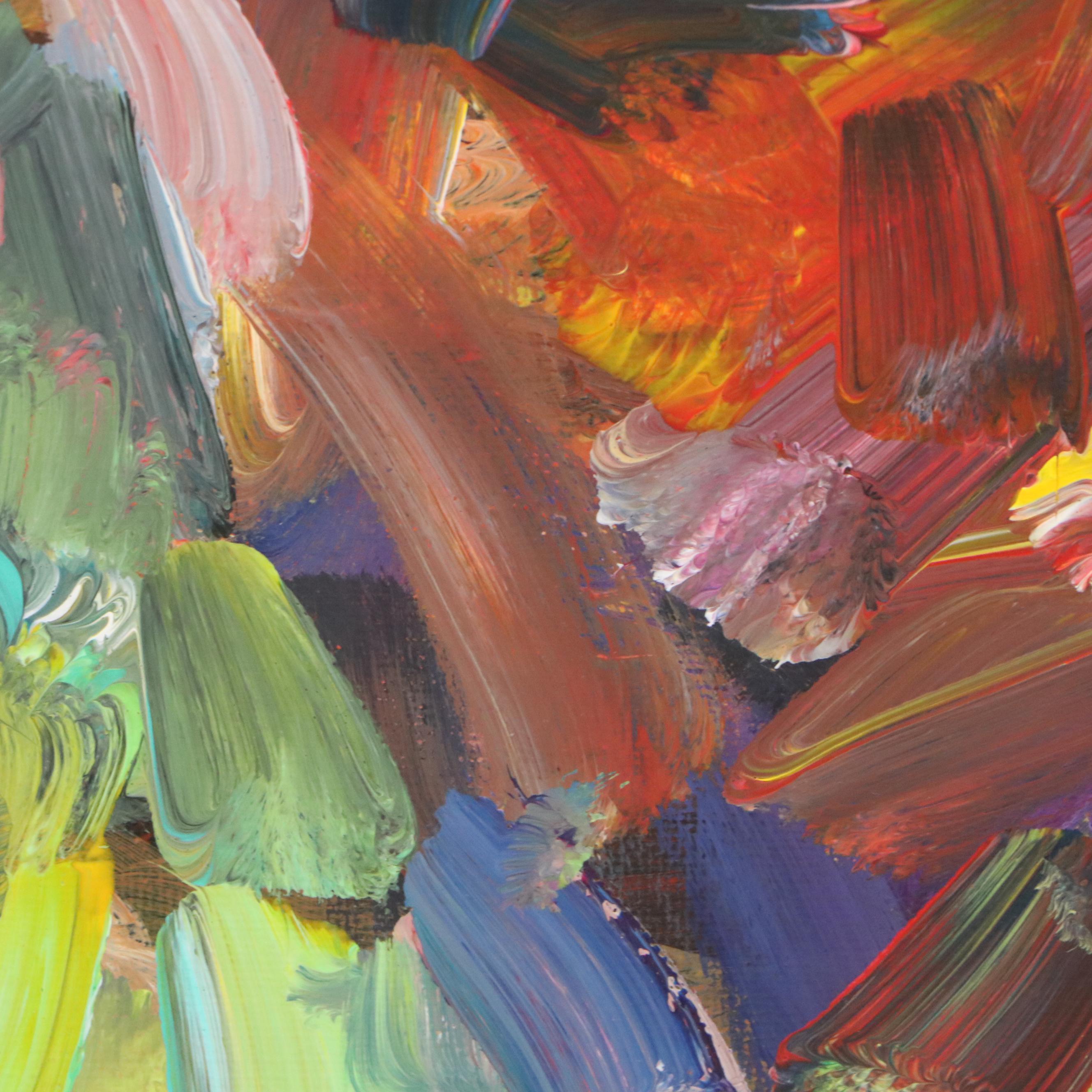 Elle Raines Stylized Acrylic Painting of Cows, 21st Century