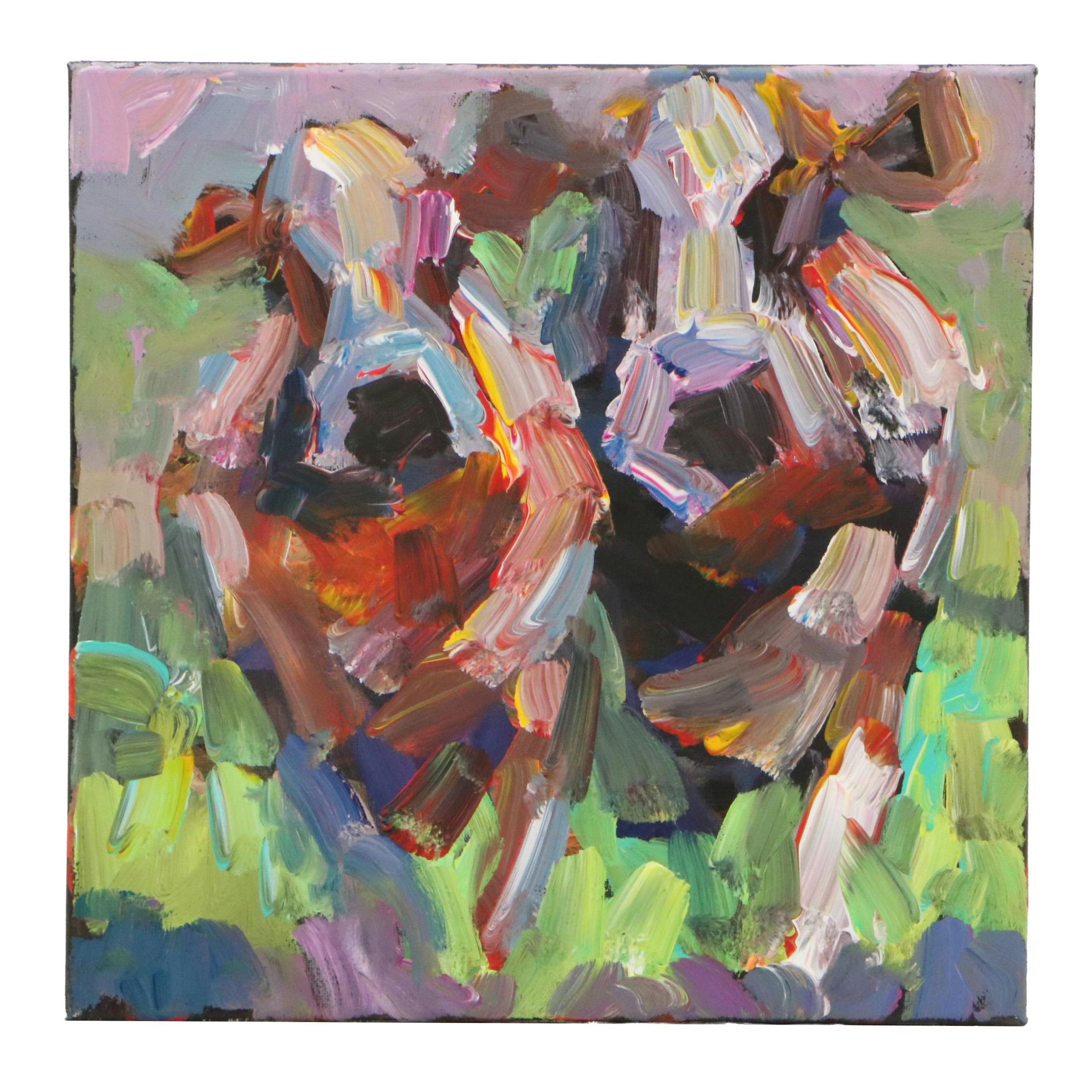 Elle Raines Stylized Acrylic Painting of Cows, 21st Century