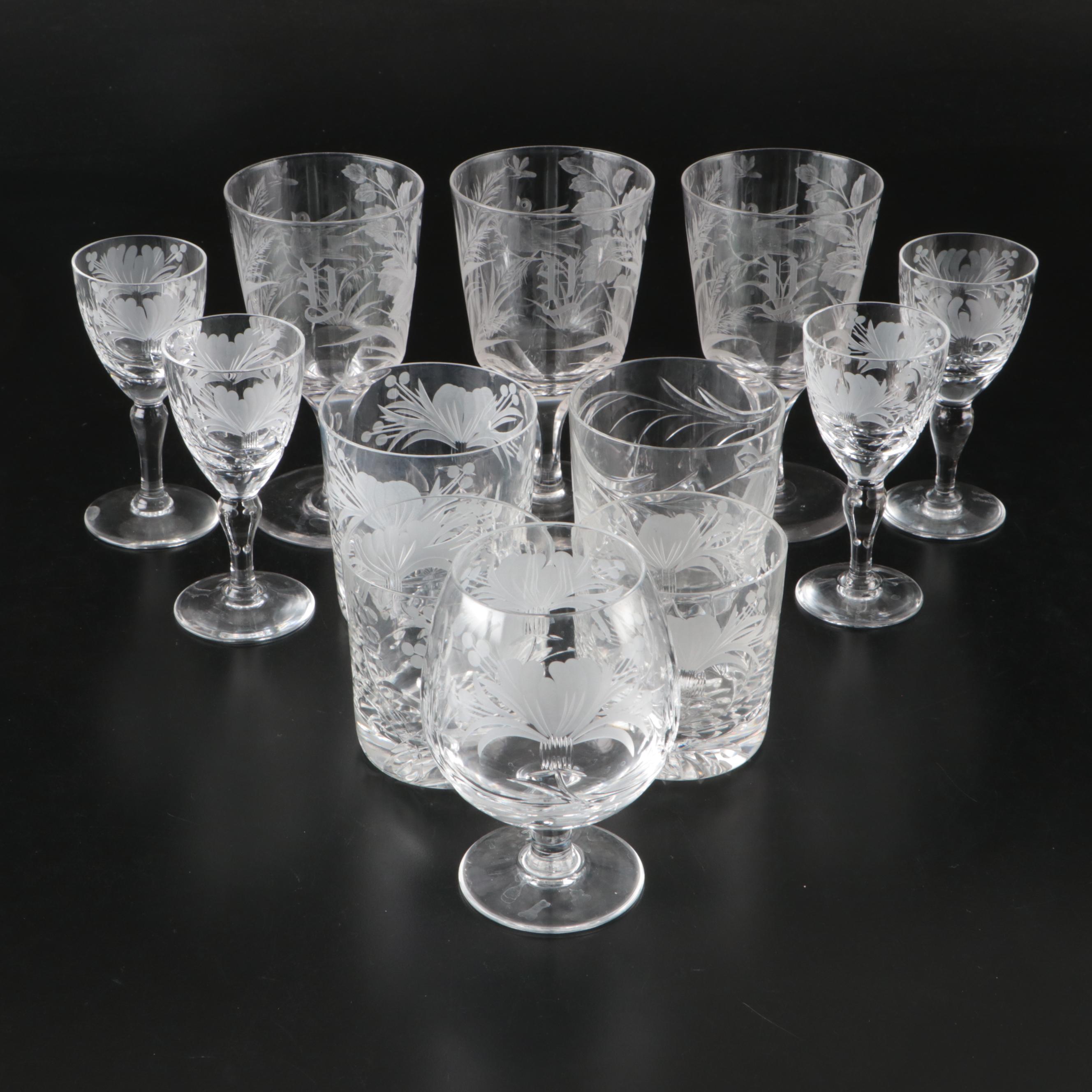 Royal Brierley "Honeysuckle" Old Fashioneds with Other Etched Crystal Stemware