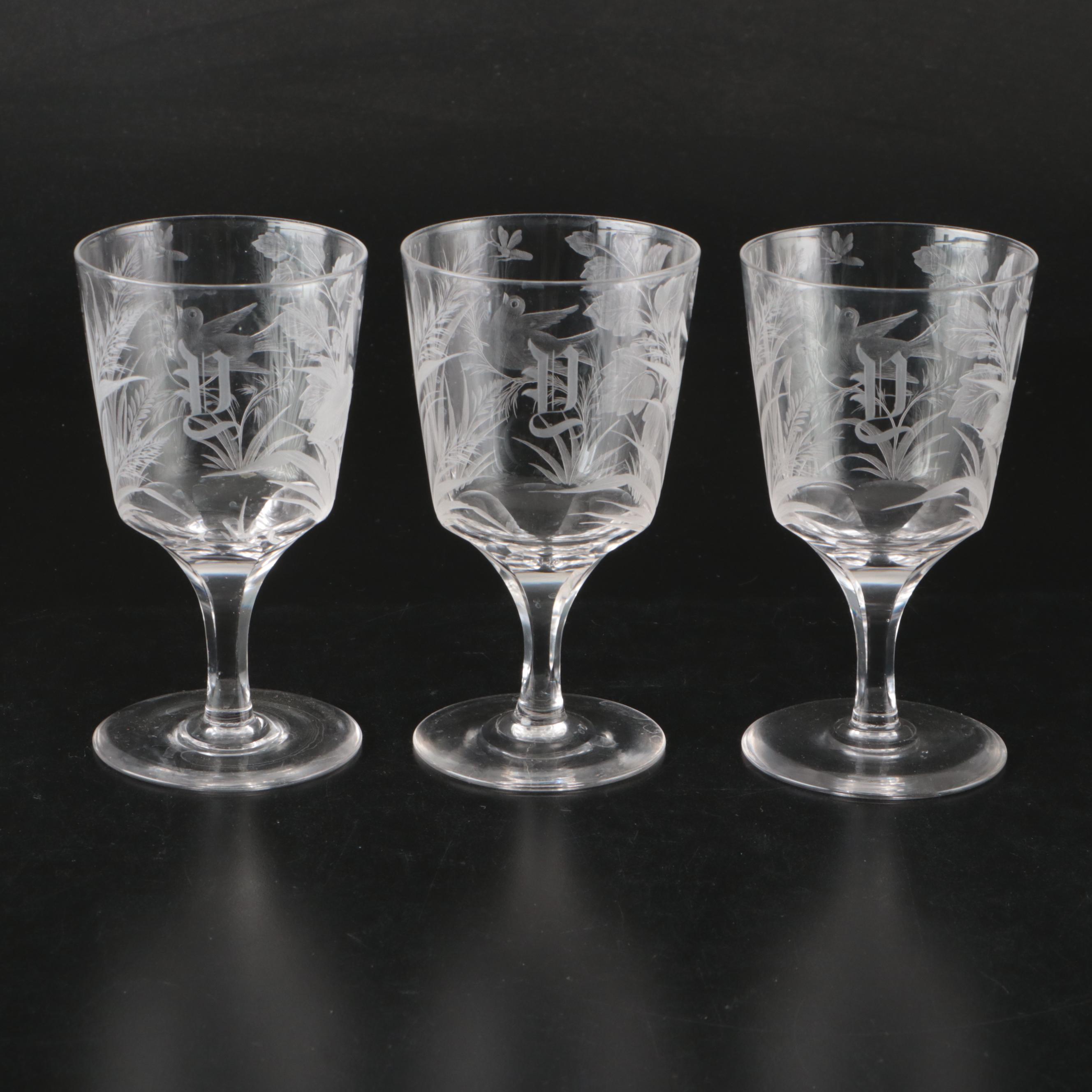 Royal Brierley "Honeysuckle" Old Fashioneds with Other Etched Crystal Stemware