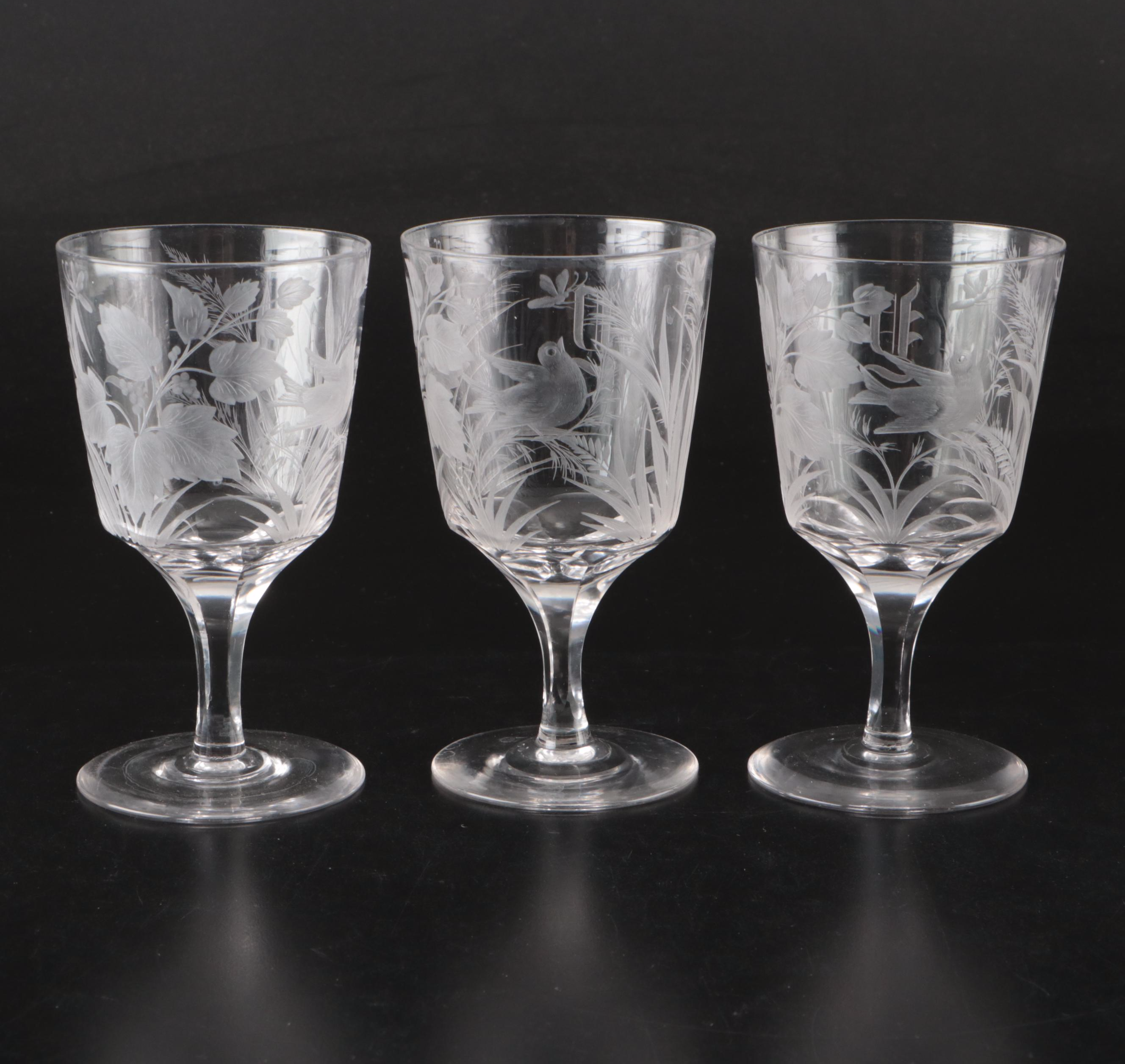 Royal Brierley "Honeysuckle" Old Fashioneds with Other Etched Crystal Stemware