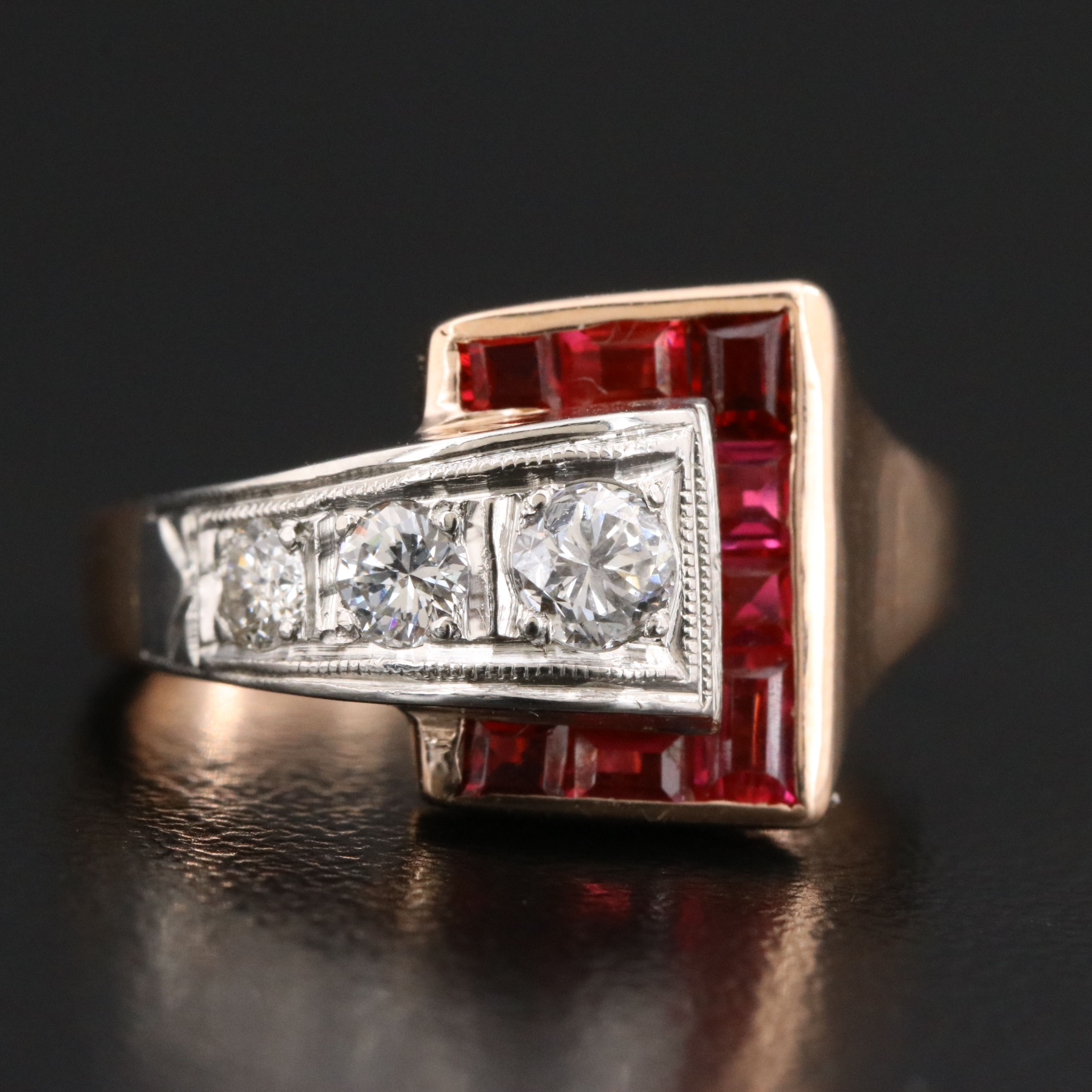 Retro 14K Rose Gold Ruby and Diamond Ring with Palladium Accent