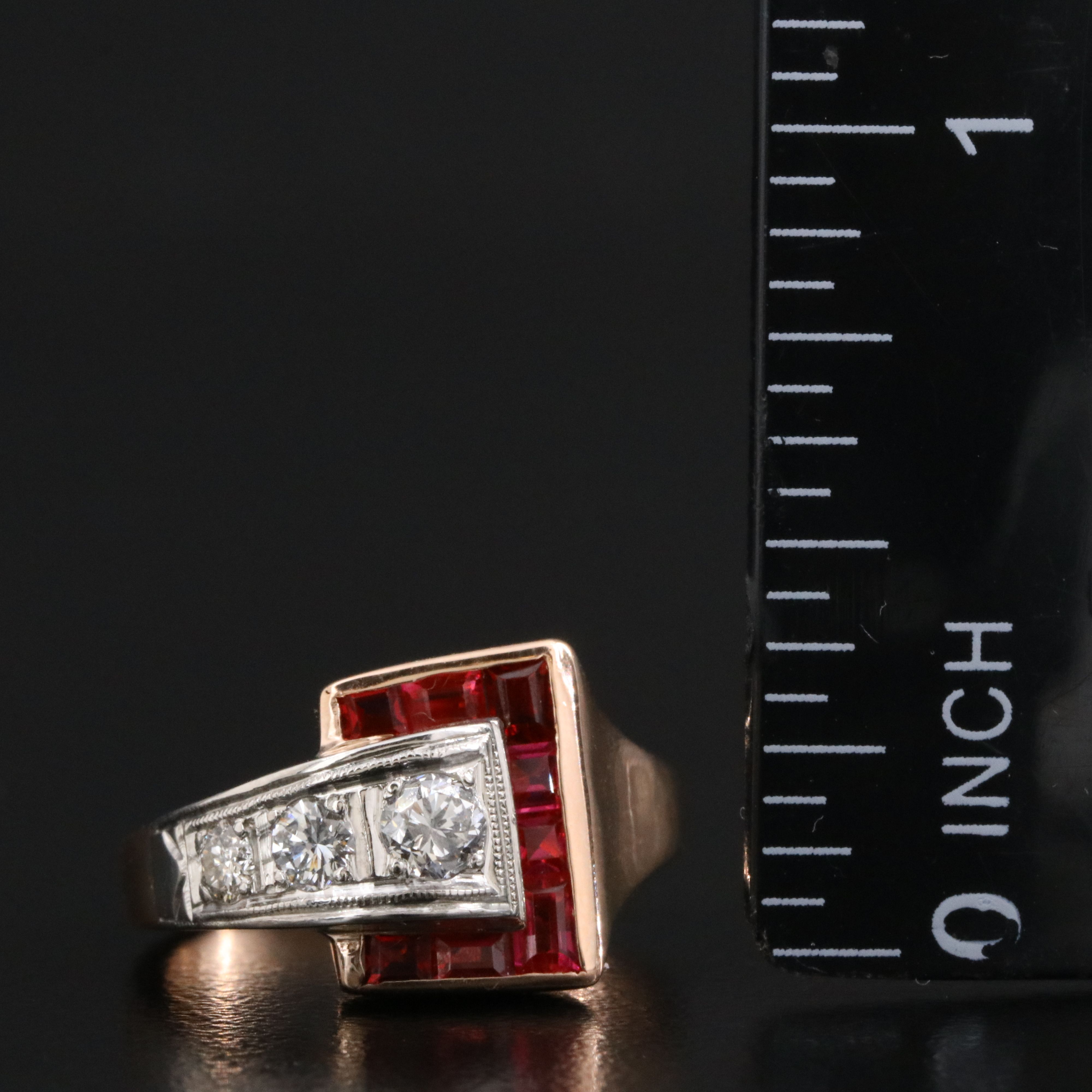 Retro 14K Rose Gold Ruby and Diamond Ring with Palladium Accent
