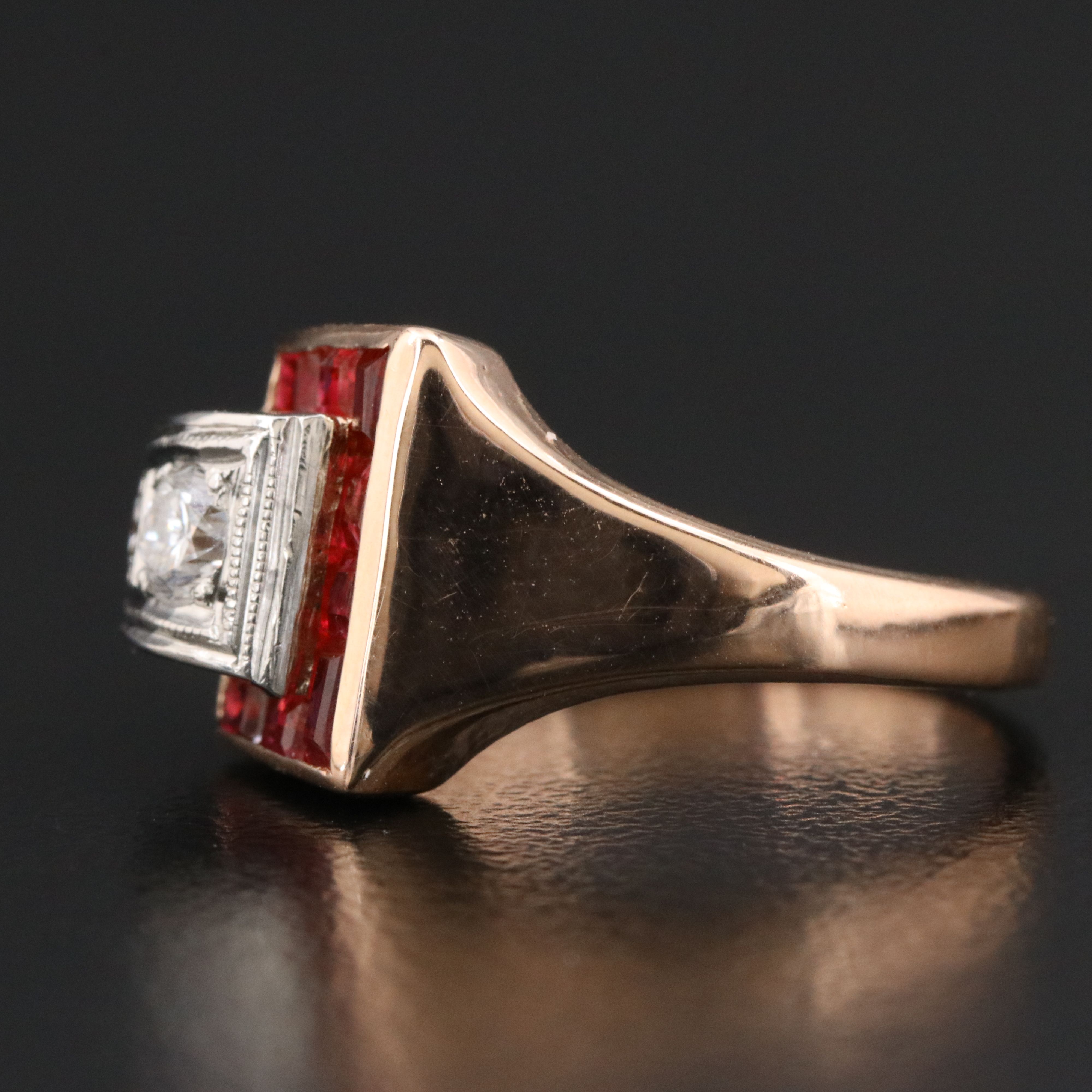 Retro 14K Rose Gold Ruby and Diamond Ring with Palladium Accent