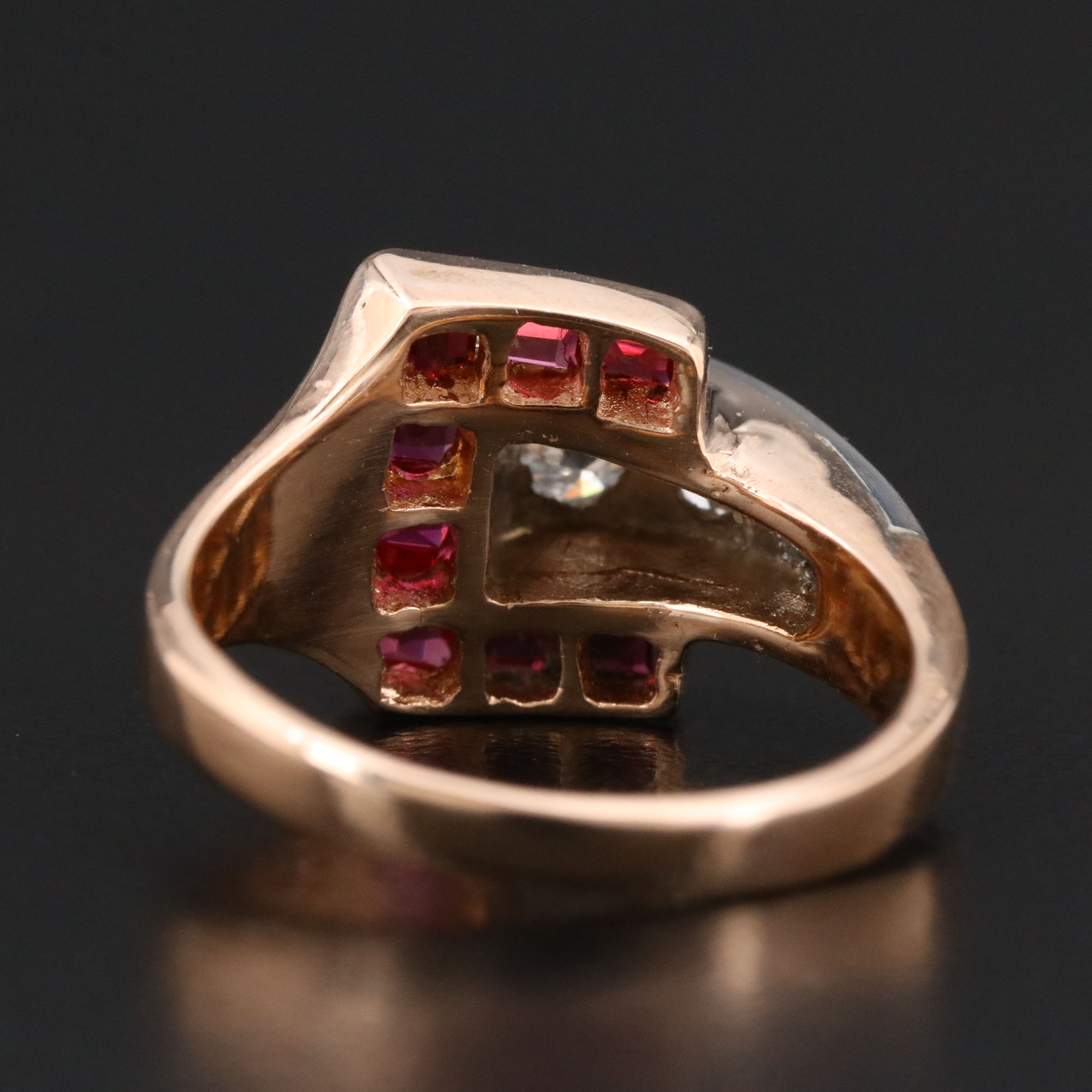 Retro 14K Rose Gold Ruby and Diamond Ring with Palladium Accent