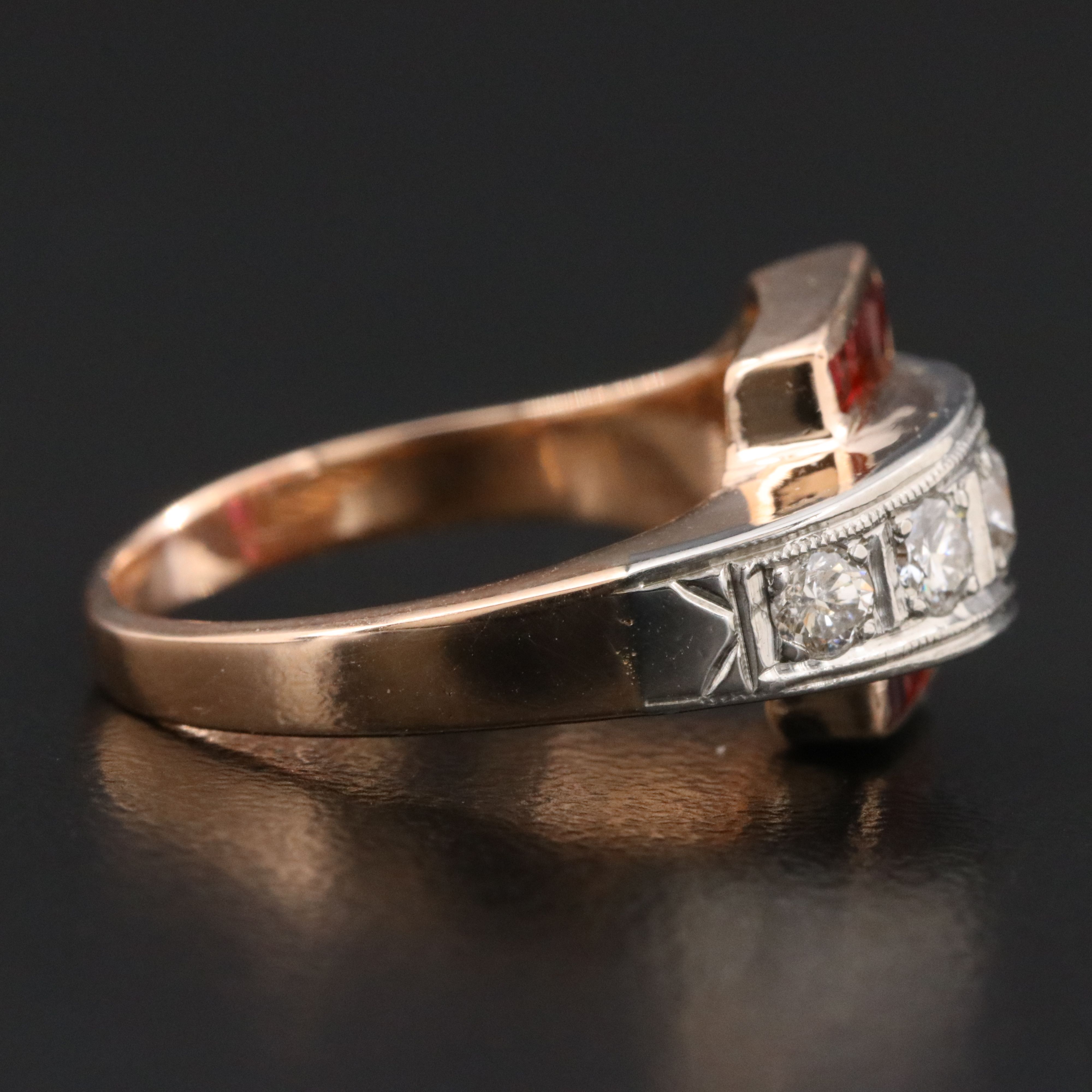 Retro 14K Rose Gold Ruby and Diamond Ring with Palladium Accent