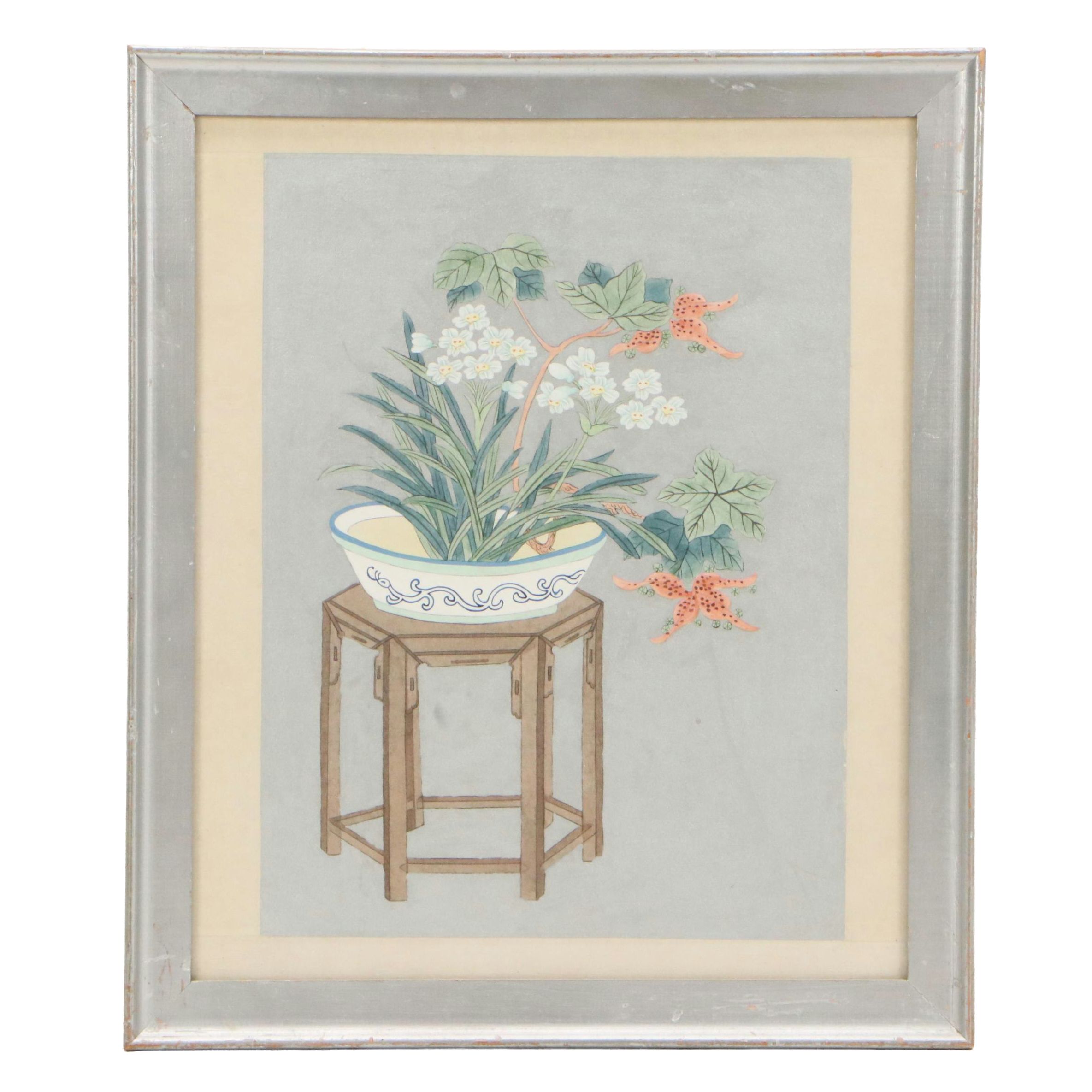East Asian Style Watercolor Painting of Botanical Still Life, Mid-20th Century