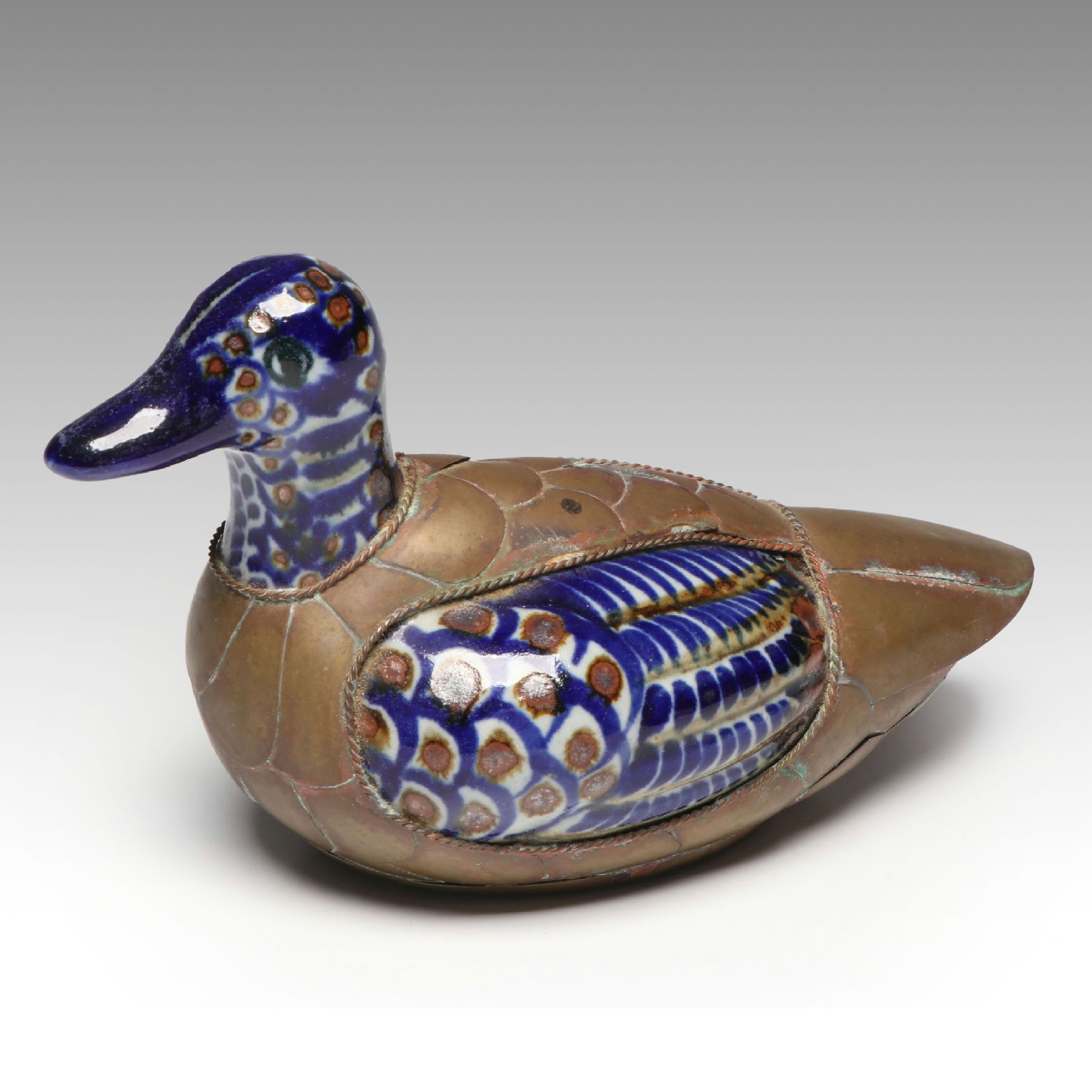 Mexican Tonala Brass and Ceramic Duck Figurine