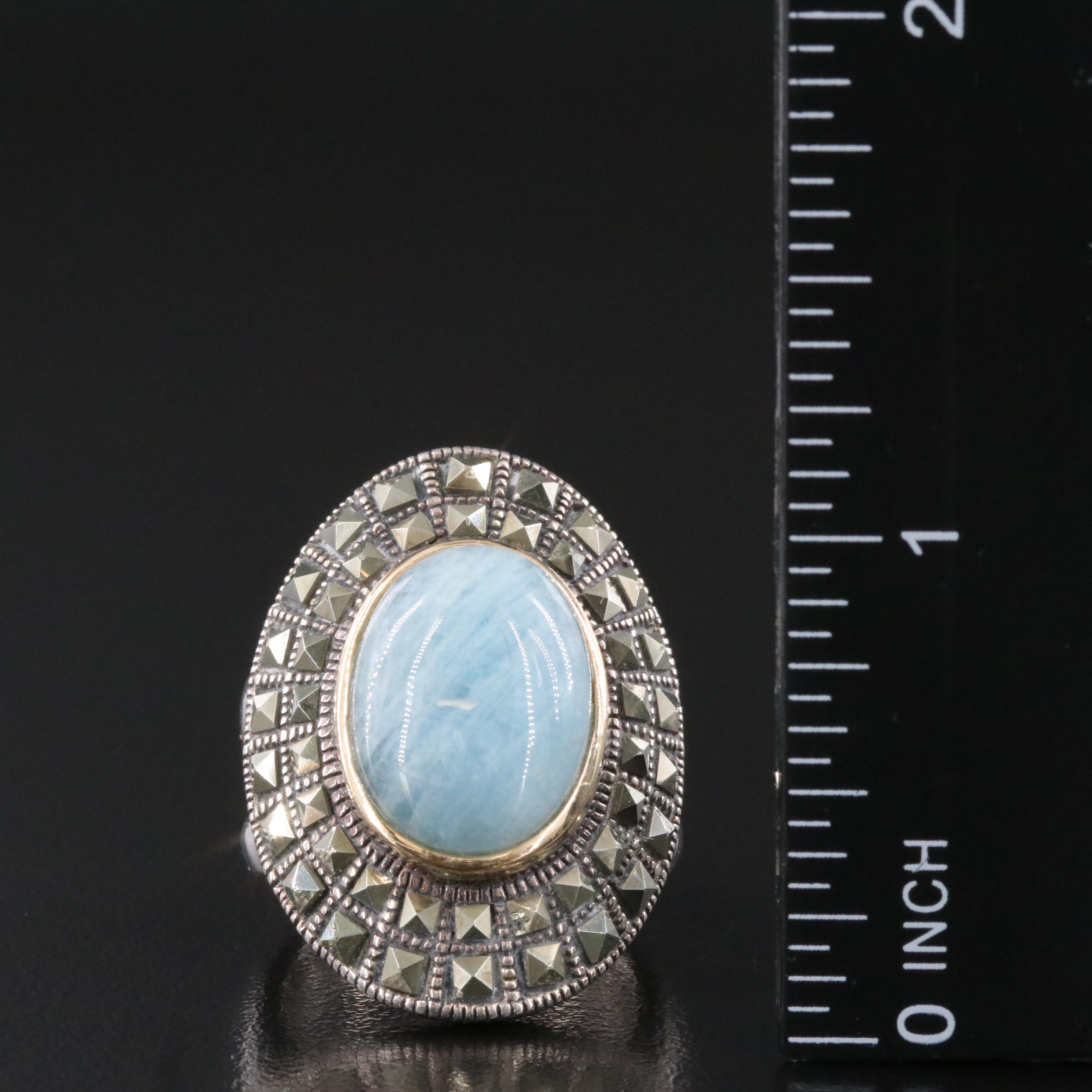 Sterling Aquamarine and Marcasite Ring with 14K Accent