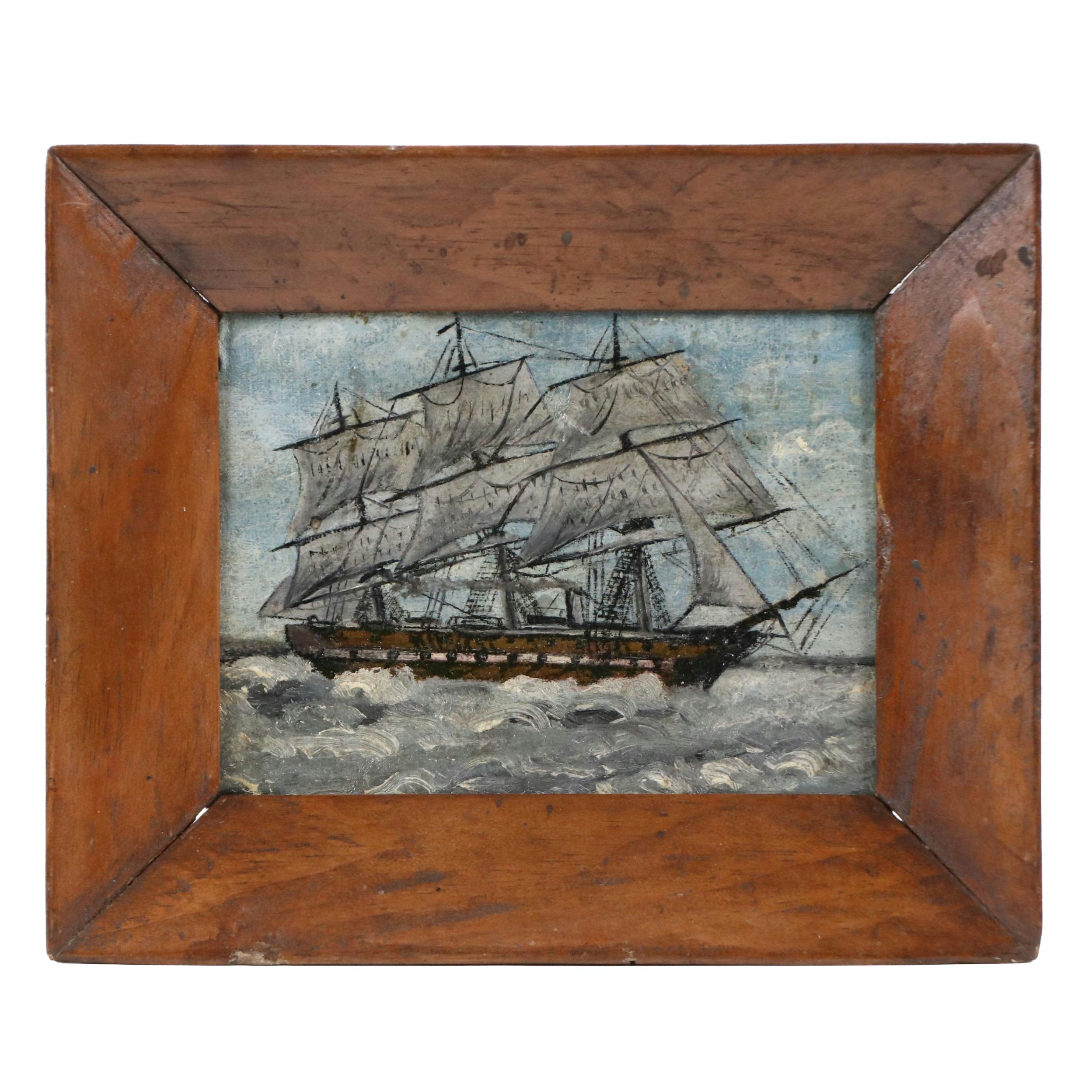 Self-Taught Artist Oil Painting of Clipper Ship, Late 19th or Early 20th Century