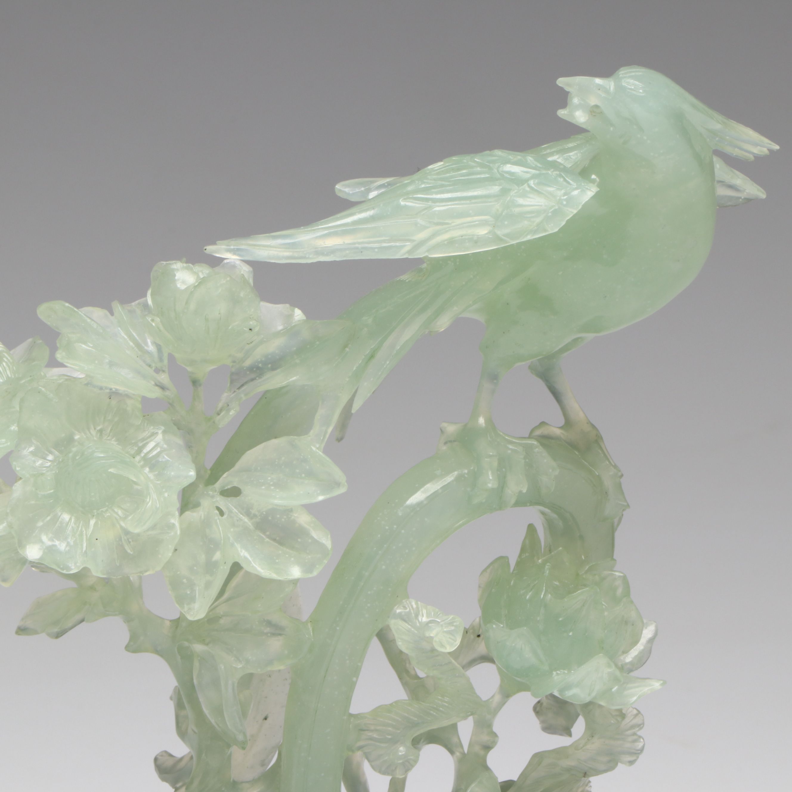 Chinese Carved Bowenite Phoenix in Tree with Fitted Rosewood Base