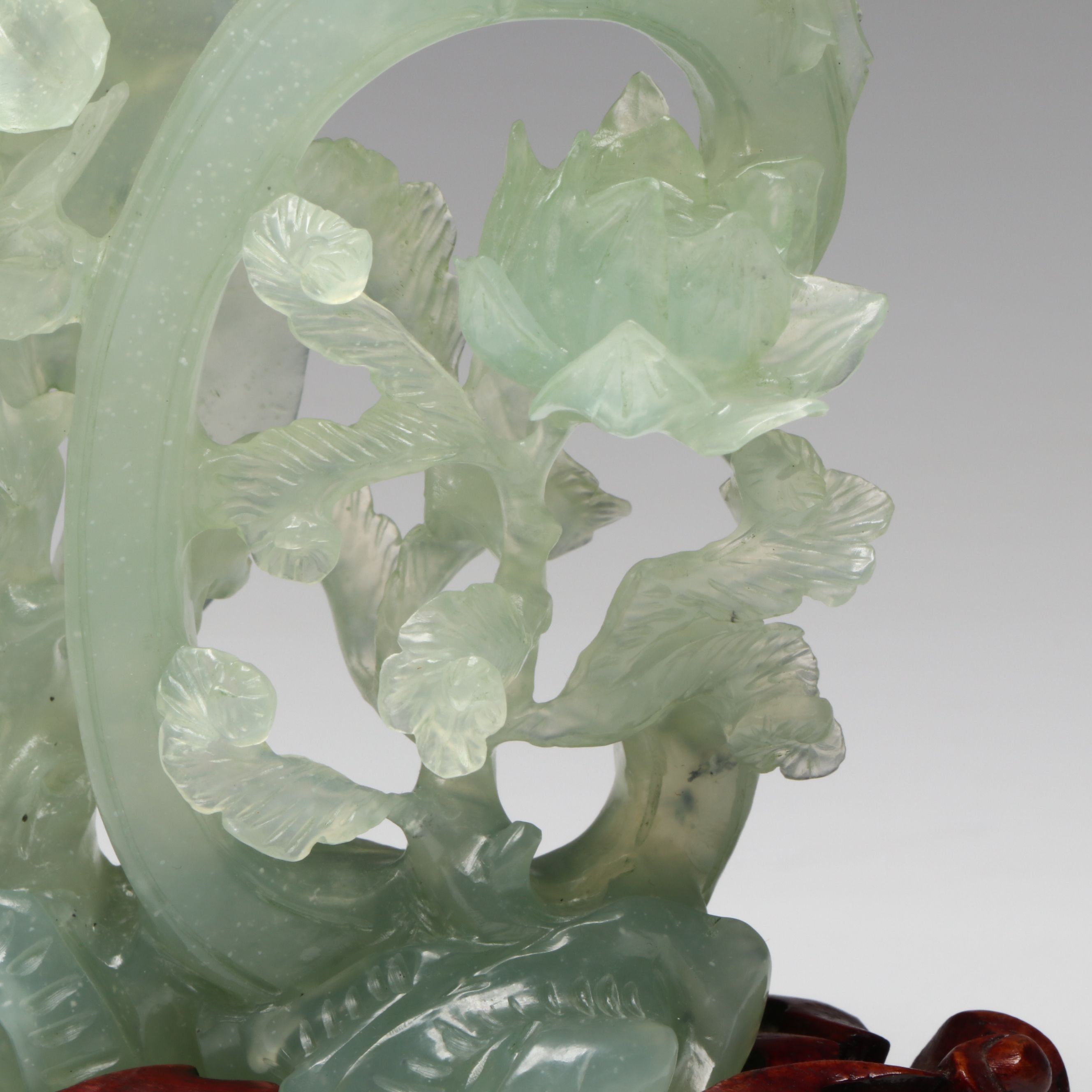 Chinese Carved Bowenite Phoenix in Tree with Fitted Rosewood Base