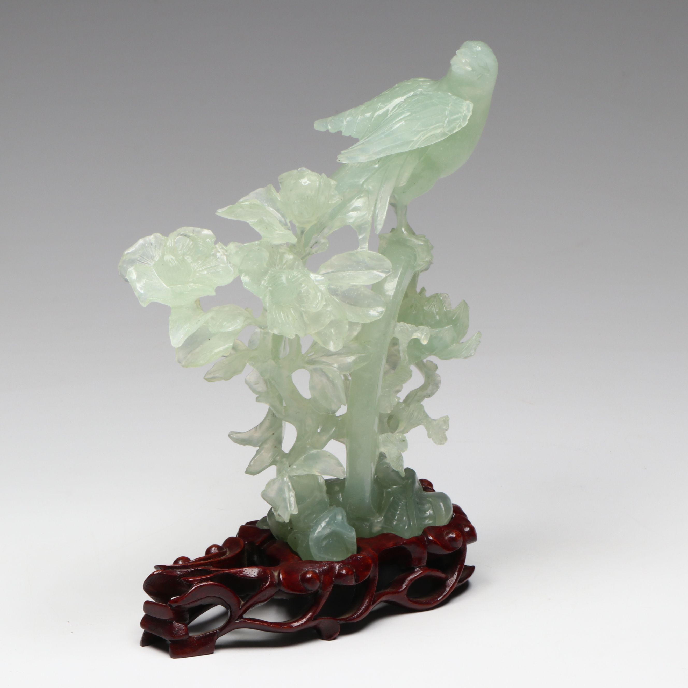 Chinese Carved Bowenite Phoenix in Tree with Fitted Rosewood Base