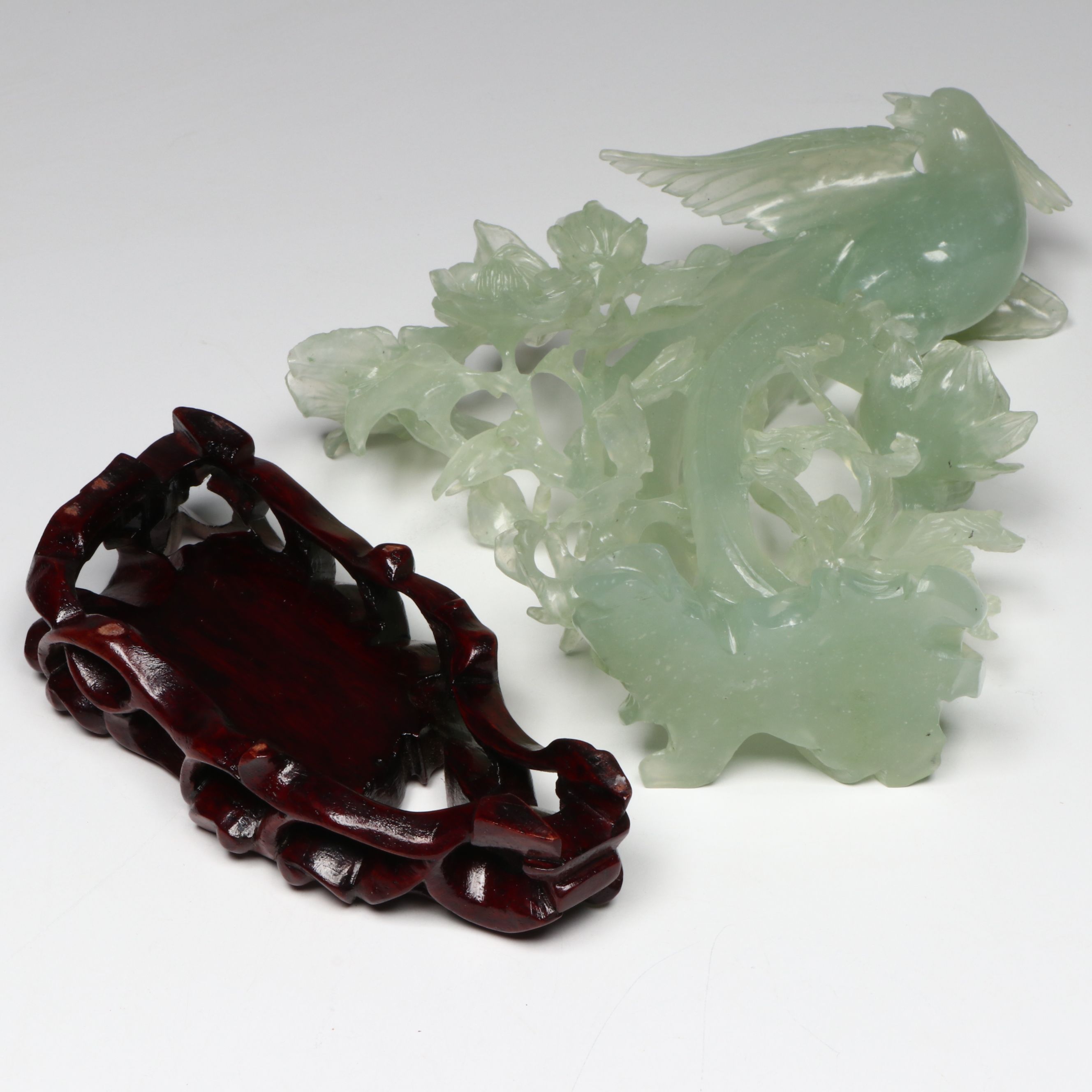 Chinese Carved Bowenite Phoenix in Tree with Fitted Rosewood Base